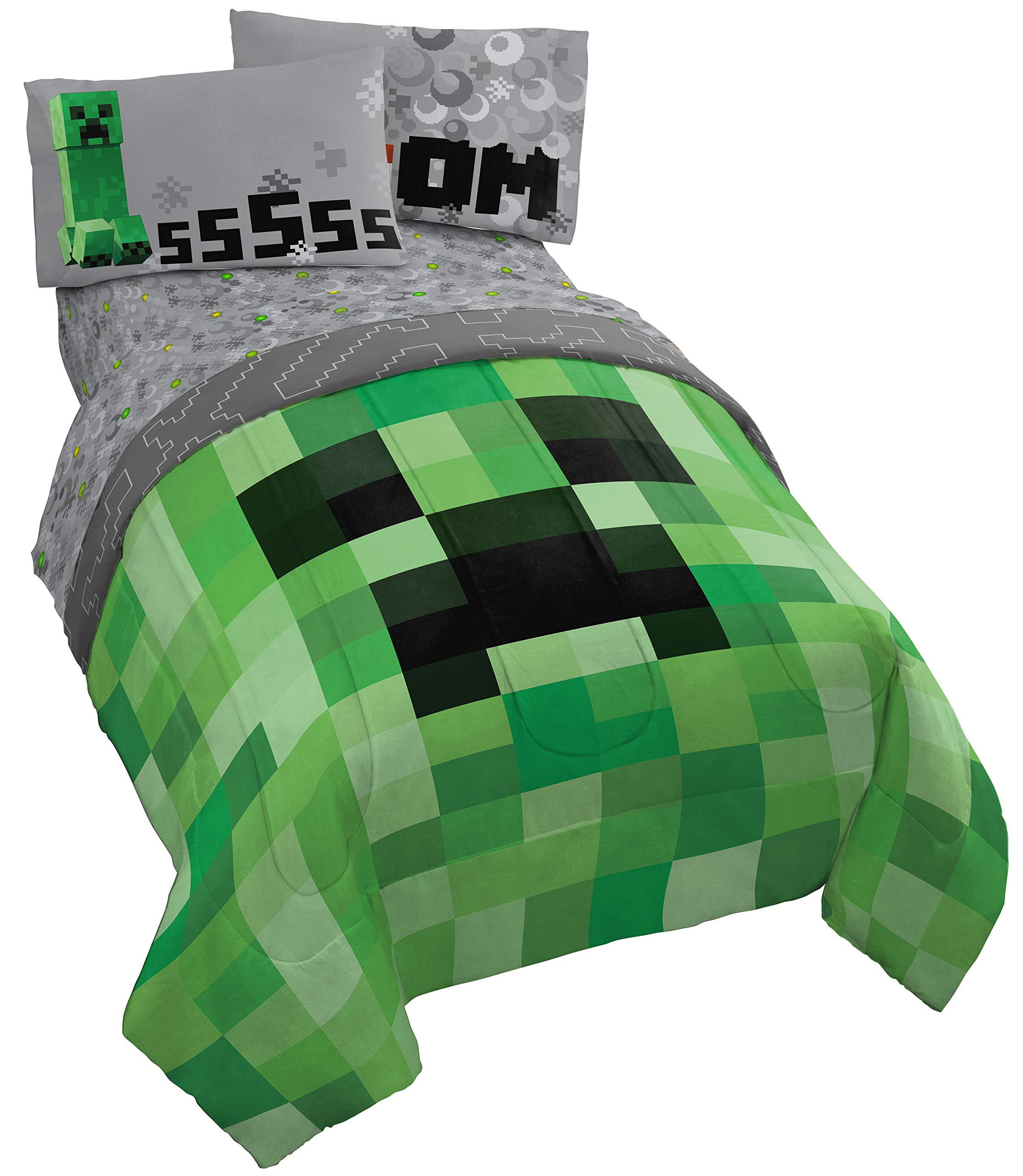 Minecraft Creeper 5-Piece Full Bedding Set - Reversible Comforter & Sheet Set - Ultra Soft Fade-Resistant Microfiber - Official Licensed Minecraft Merchandise for Kids & Teens Bedroom Decor