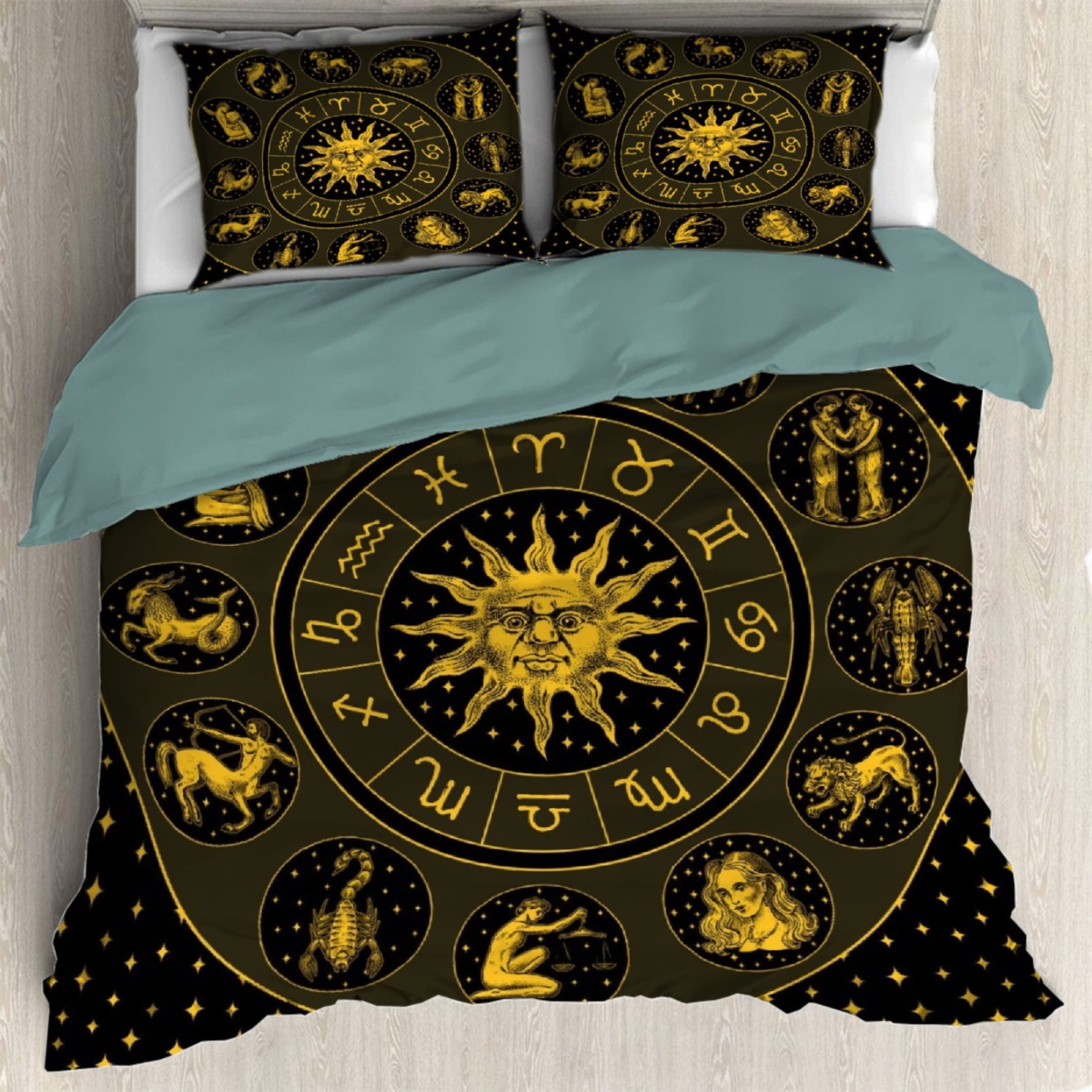 Darani Zodiac Wheel Astrology Horoscope Sun Print Duvet Cover Queen Size 90x90 Inches - Ultra Soft Washed Microfiber Comforter Cover Set (3pc: 1 Duvet + 2 Pillow Shams) - Perfect for Bedroom Decor, Boho Chic Style & Celestial Theme Home Furnishing