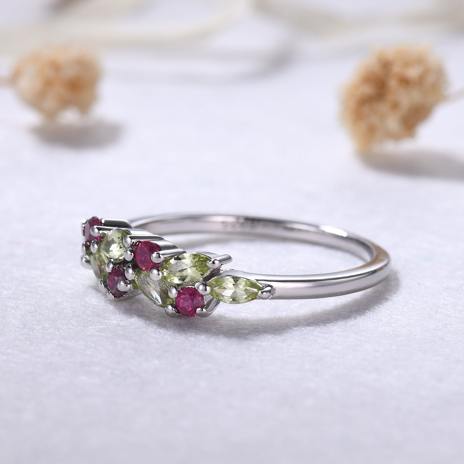 Marquise Peridot and Ruby Cluster Wedding Band Ring in 14K White Gold - Elegant Multicolor Bridal Jewelry for Engagement, Anniversary & Special Occasions