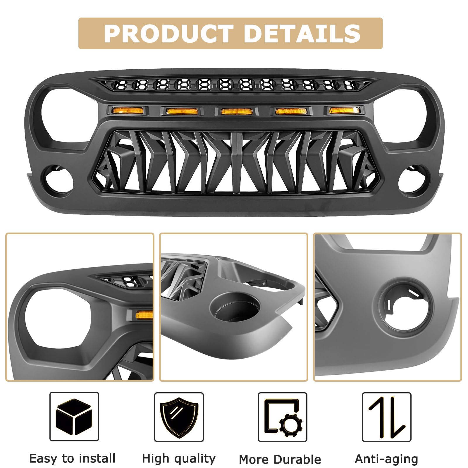 Shark Front Grill Mesh Grille Cover Matte Black for Jeep Wrangler JK JKU Unlimited Rubicon Sahara Sport (2007-2018) with Amber LED Running Lights & Mesh Inserts | Off-Road Protection & Stylish Upgrade