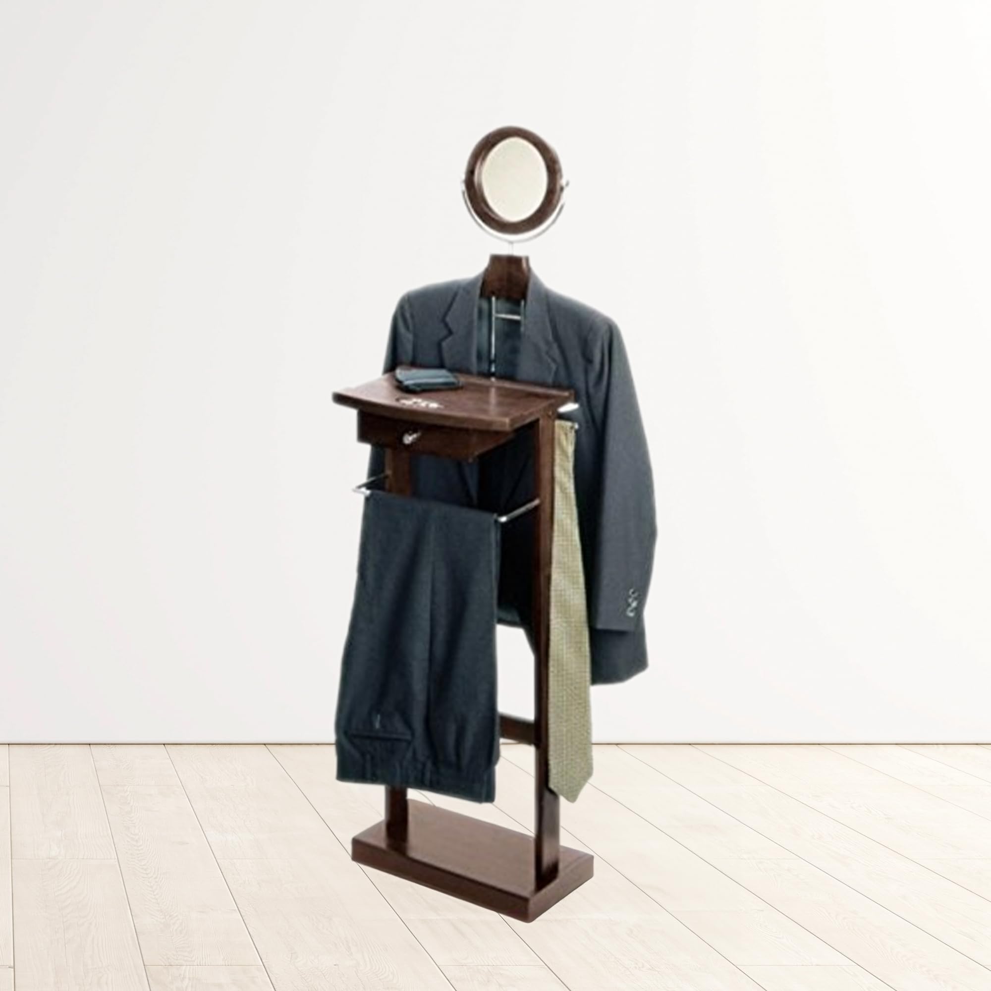Dark Espresso Wooden Valet Stand with Drawer - Premium Entryway Organizer for Keys, Wallets & Watches | Perfect for Bedroom, Closet or Foyer Organization