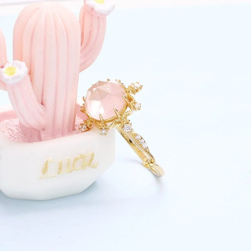 Natural Rose Quartz Gold Ring for Women - Elegant Pink Wedding Band, Romantic Jewelry Gift for Her | Perfect for Engagement, Anniversary & Special Occasions | HJZB 002 01