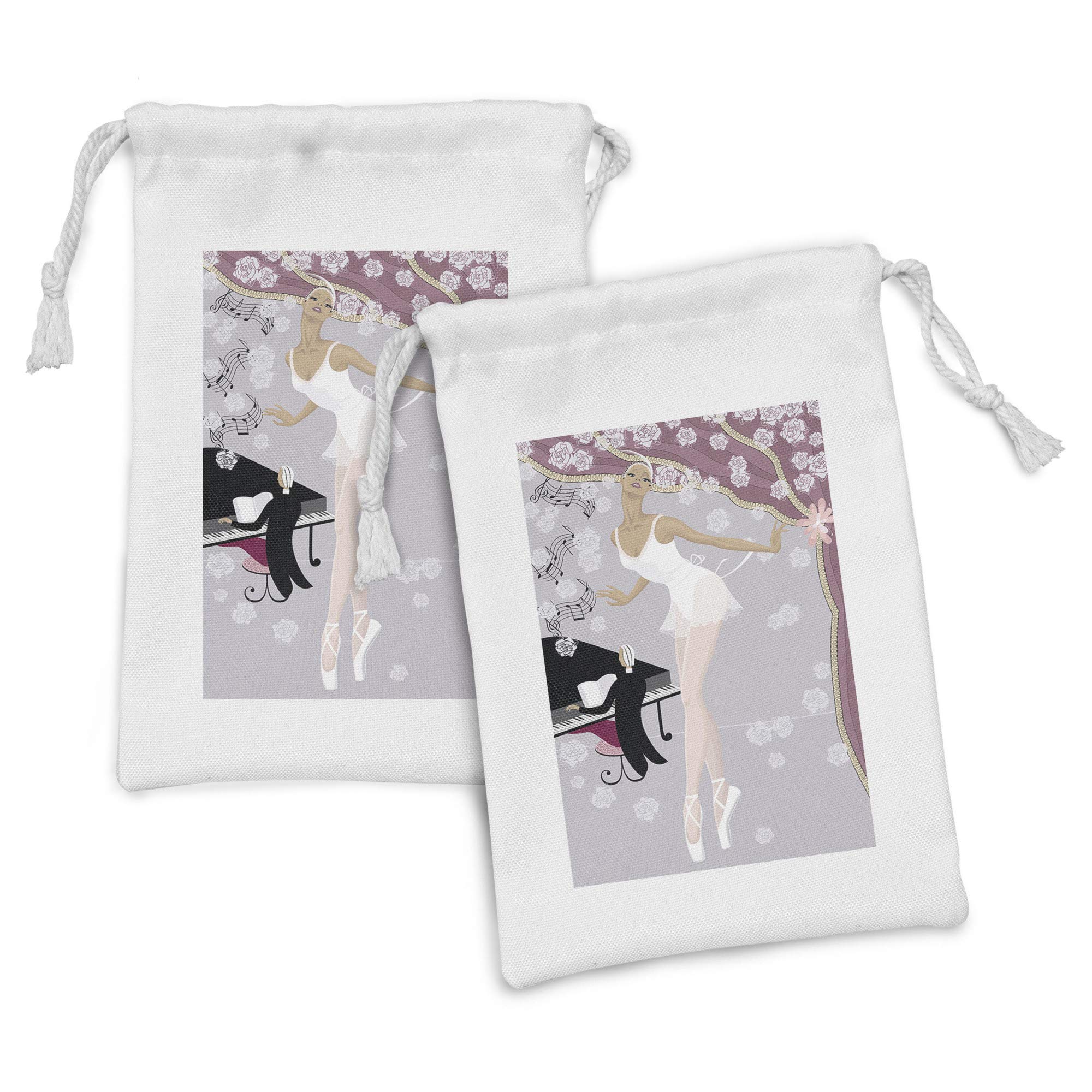 Ambesonne Ballet Fabric Pouch Set of 2 - Elegant Ballerina with Flowers & Pianist Design, Small Drawstring Bags for Toiletries, Makeup, Jewelry & Travel Essentials (9