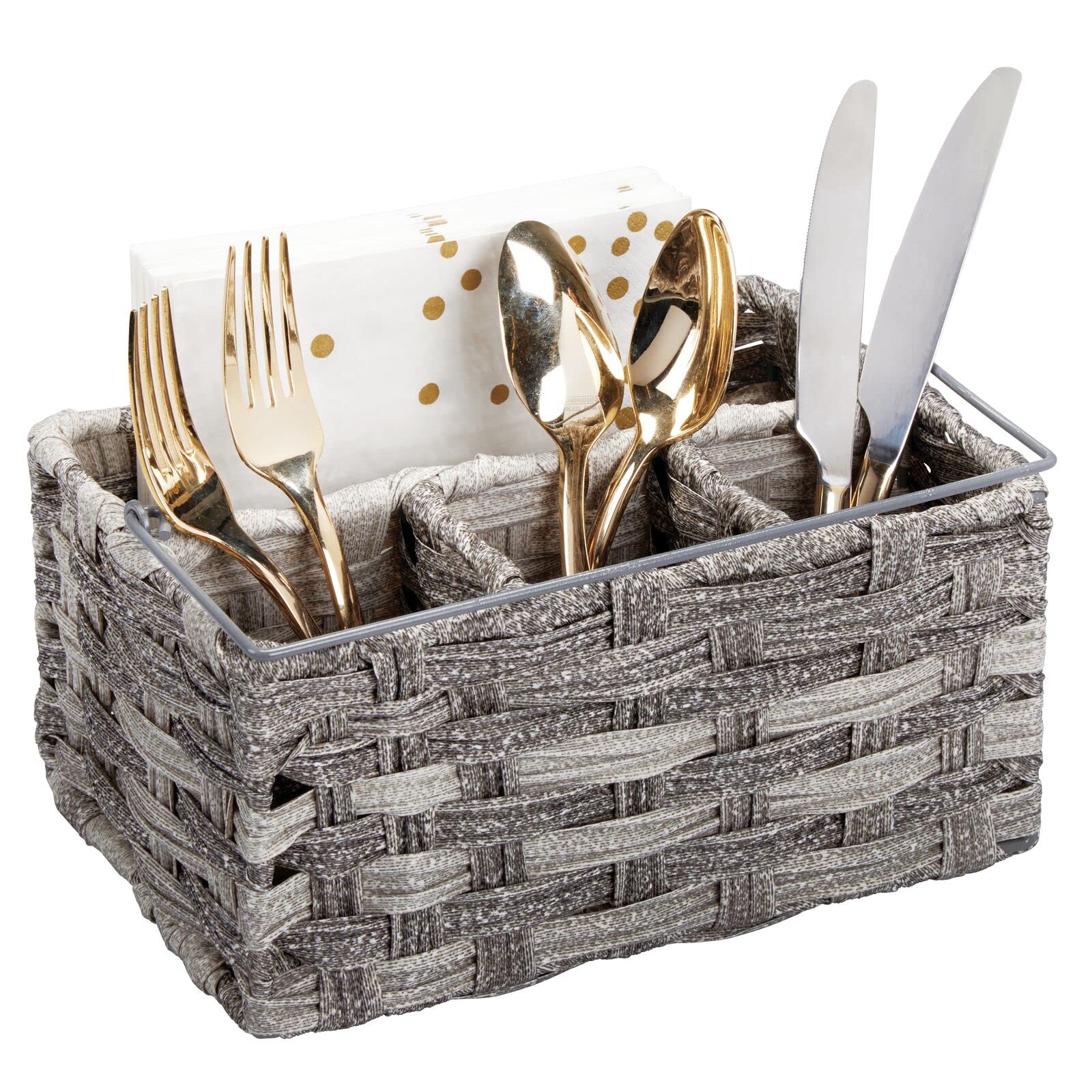 mDesign Plastic Woven Divided Cutlery Storage Organizer - Kitchen Utensil Caddy for Silverware, Forks, Knives, Spoons & Napkins - Gray - Perfect for Kitchen Table, Cabinet & Pantry Organization