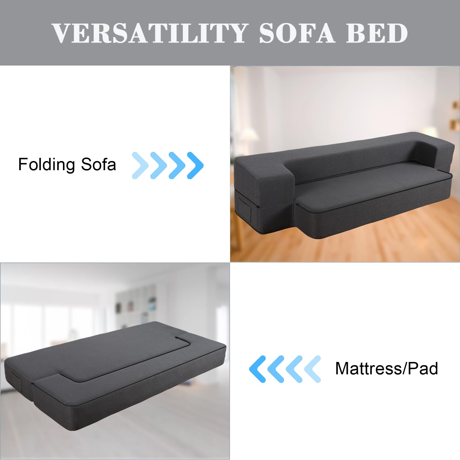 8 Inch Queen Size Folding Sofa Bed with Memory Foam - Convertible Futon Sleeper Chair for Living Room, Bedroom & Guest Room - Dark Grey - Perfect for Small Spaces, Studio Apartments & Overnight Guests