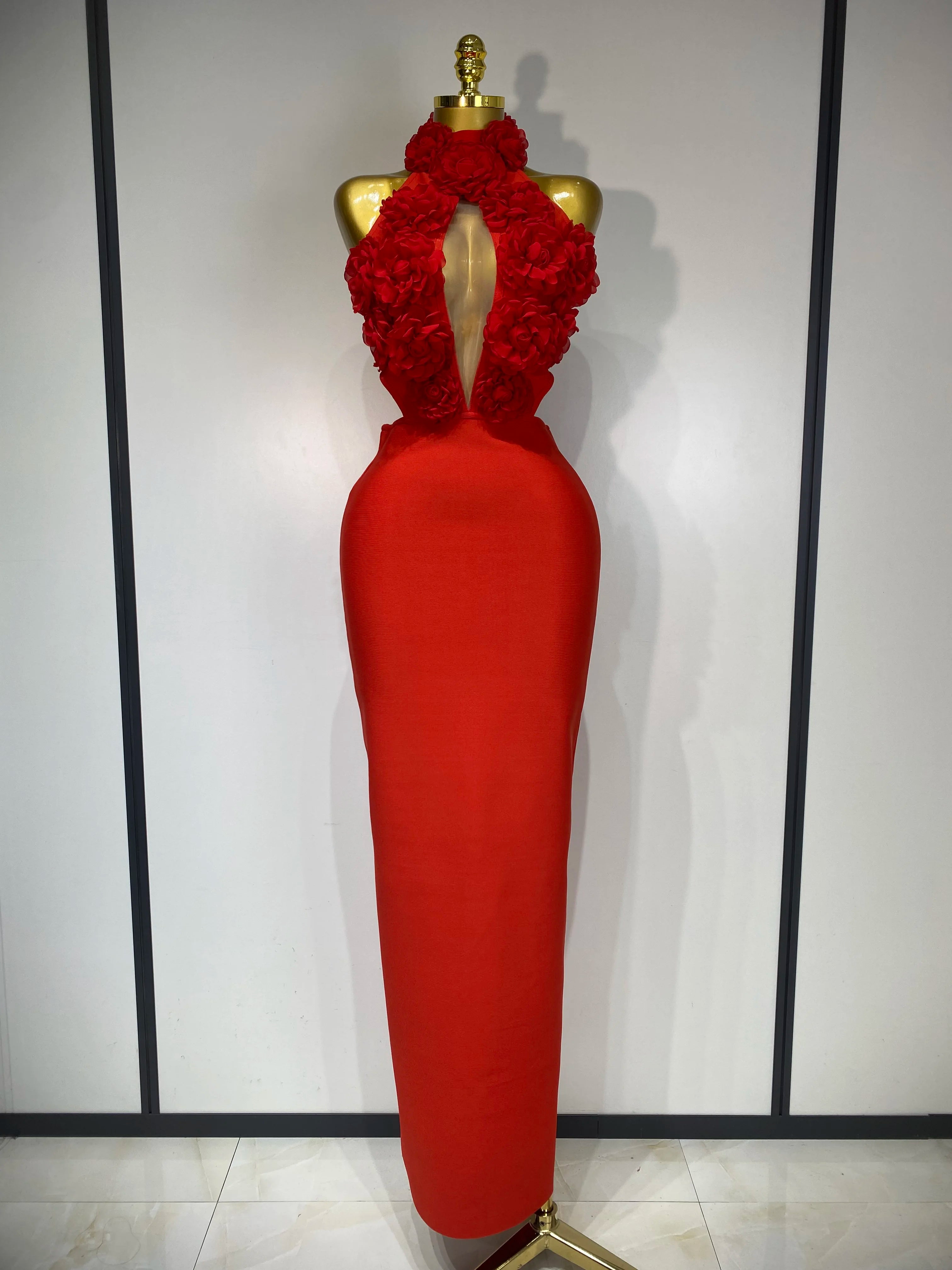 2025 Sexy Women's Halter Hollow Out Floral Bodycon Bandage Dress - Red Backless Elegant Party Dress for Birthday, Wedding & Special Occasions | Perfect for Night Out, Club & Evening Events