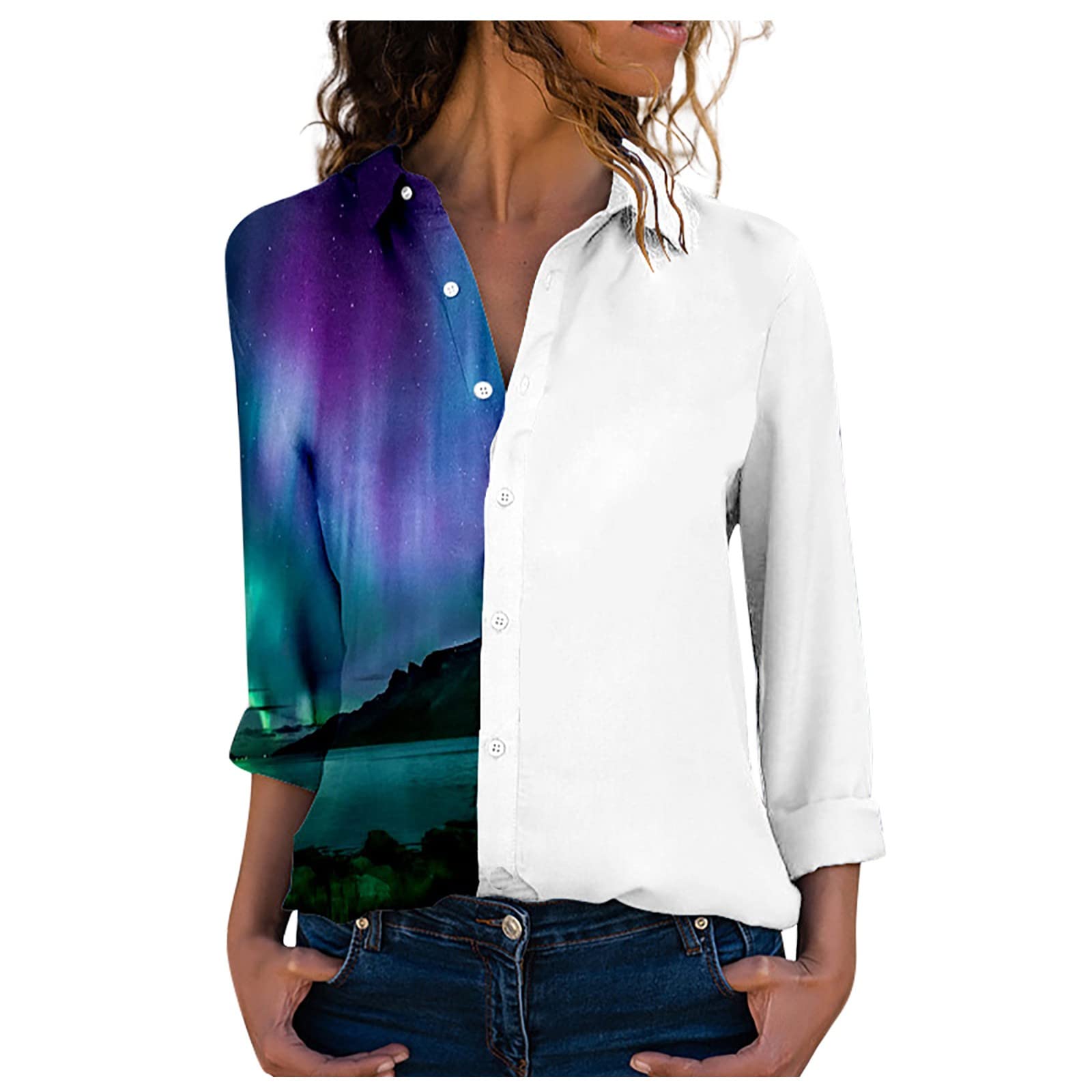Women's Long Sleeve T-Shirts - Autumn Casual Polyester Blouse with Print & Lapel Collar | Comfortable Tunic Top for Work, Dating & Everyday Wear