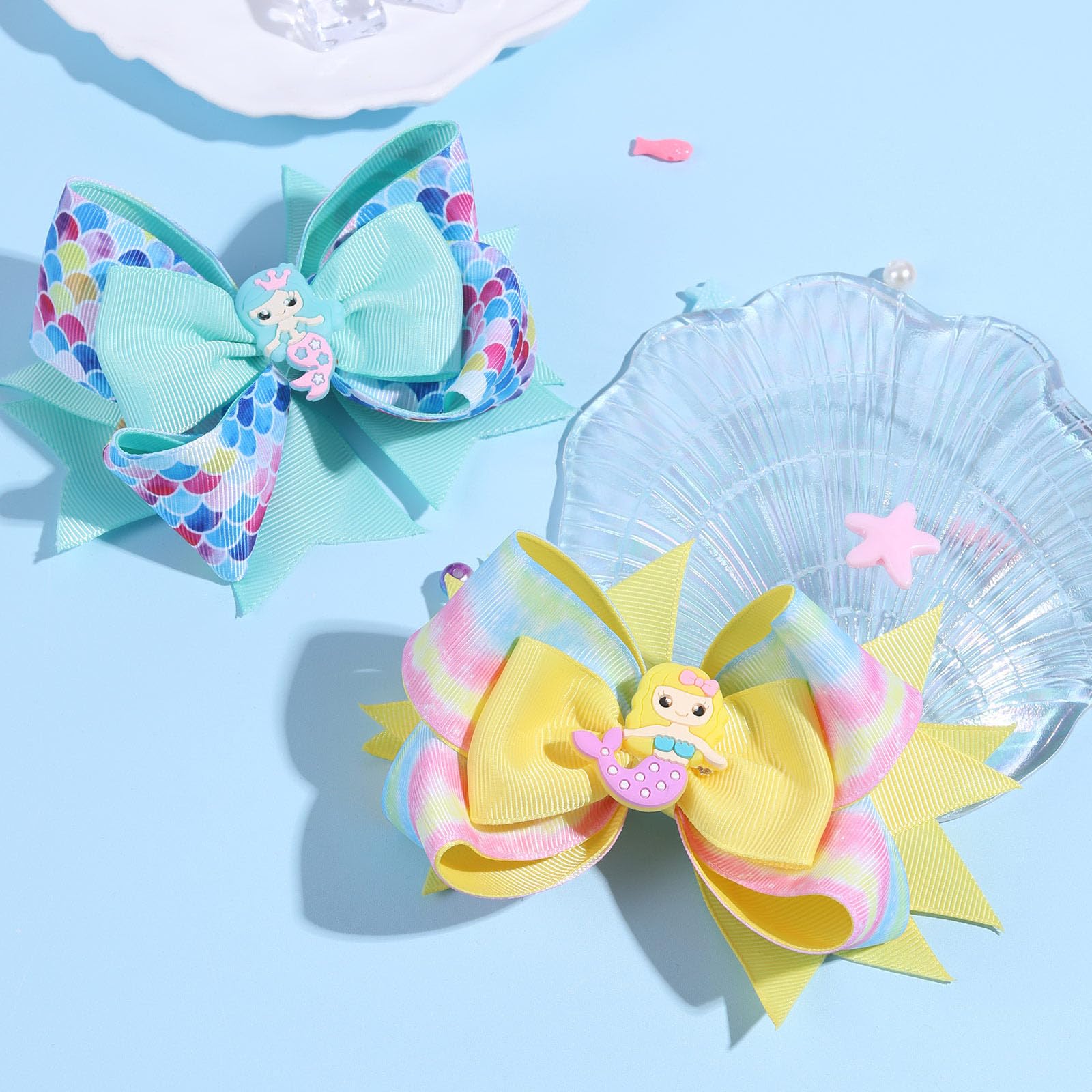 Oaoleer 2 Pack 4.5 Inch Mermaid Hair Bows for Girls - Grosgrain Ribbon Hair Clips with Alligator Clips - Cute Hair Accessories for Toddlers Kids Teens (Yellow+Green) - Perfect for Birthday Parties School Events Dance Recitals