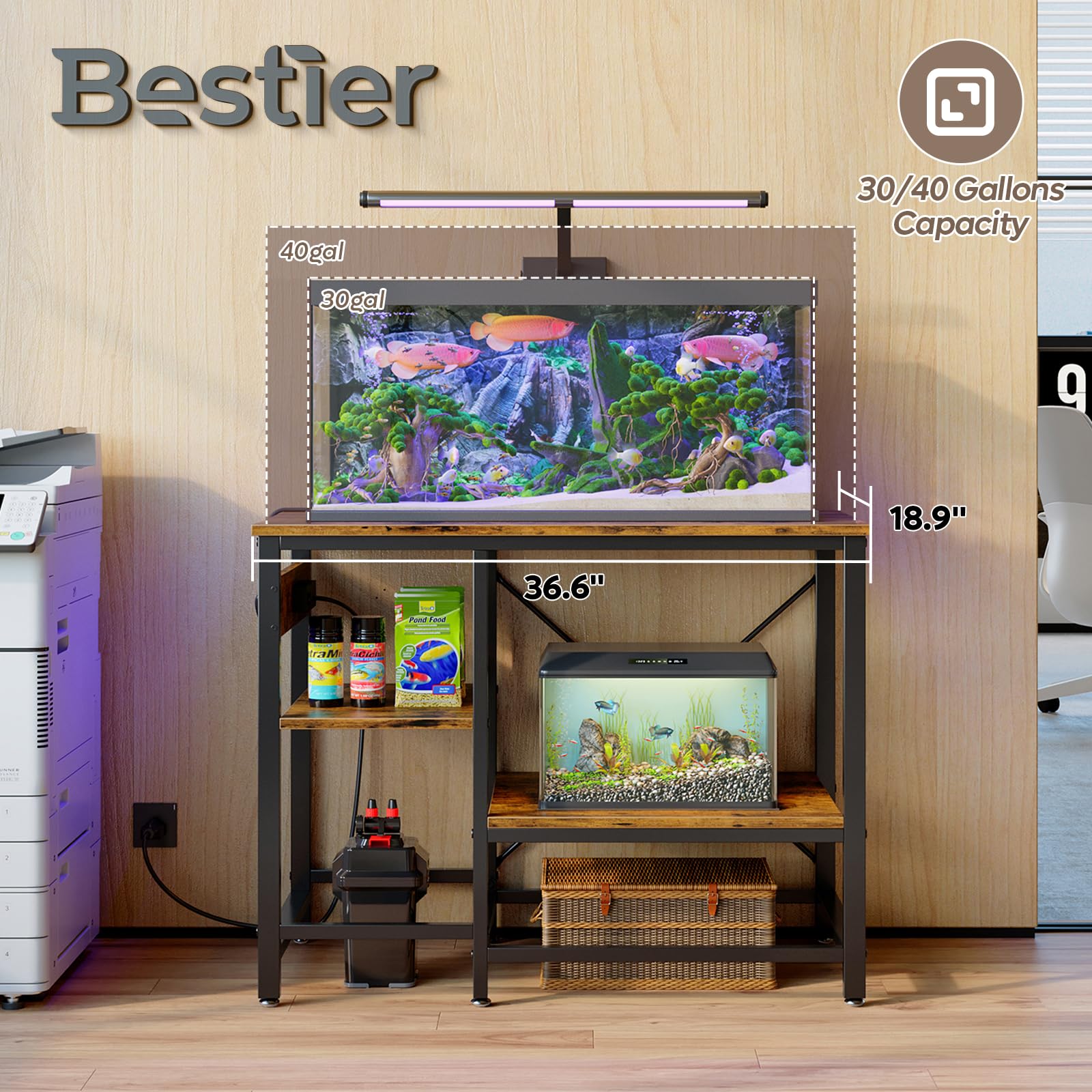 Bestier 40-50 Gallon Fish Tank Stand with Power Outlet - 36x19 Inch Heavy Duty Metal Aquarium Stand for Reptiles & Fish Tanks - 6-Leg Design with 3-Tier Adjustable Storage Shelves - 660LBS Weight Capacity - Perfect for Living Room, Bedroom or Office Decor