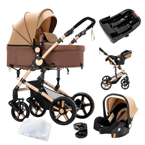 3 in 1 Reversible Baby Stroller Travel System - Foldable Luxury Pram Buggy for Newborn & Toddler, Portable Lightweight Pushchair with High Landscape View (UD588-Khaki) | Perfect for Shopping, Travel & Daily Walks