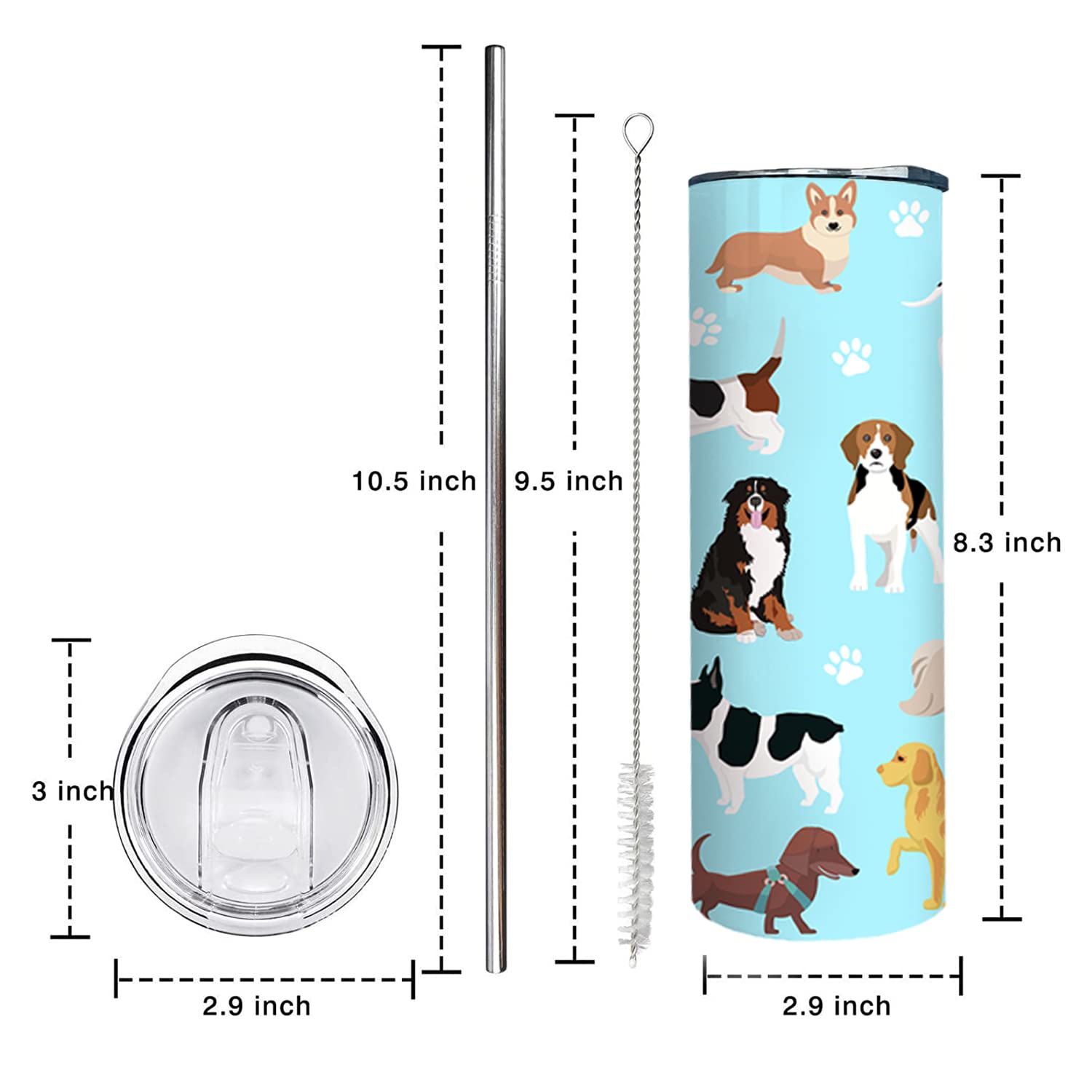 20oz Stainless Steel Dog Tumbler with Lid & Straw - Paw Print Design Travel Mug for Coffee & Tea - Perfect Gift for Dog Lovers & Women (Ideal for Travel, Office, Hiking & Outdoor Adventures)