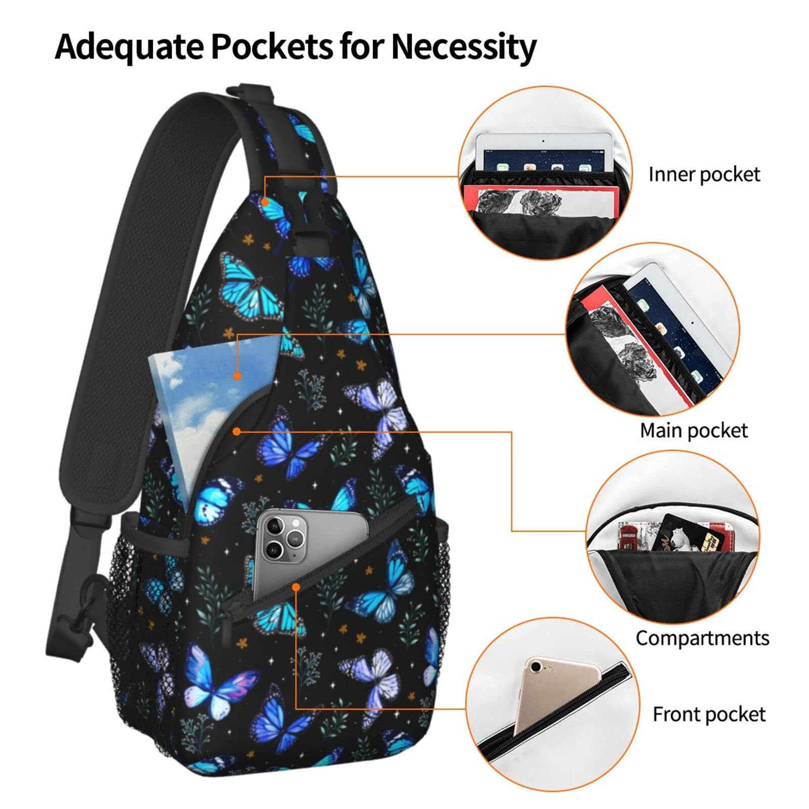 Butterfly Print Sling Bag for Women & Men - Crossbody Shoulder Backpack for Travel, Hiking & Daily Use - Lightweight Chest Daypack for Outdoor Activities & Commuting