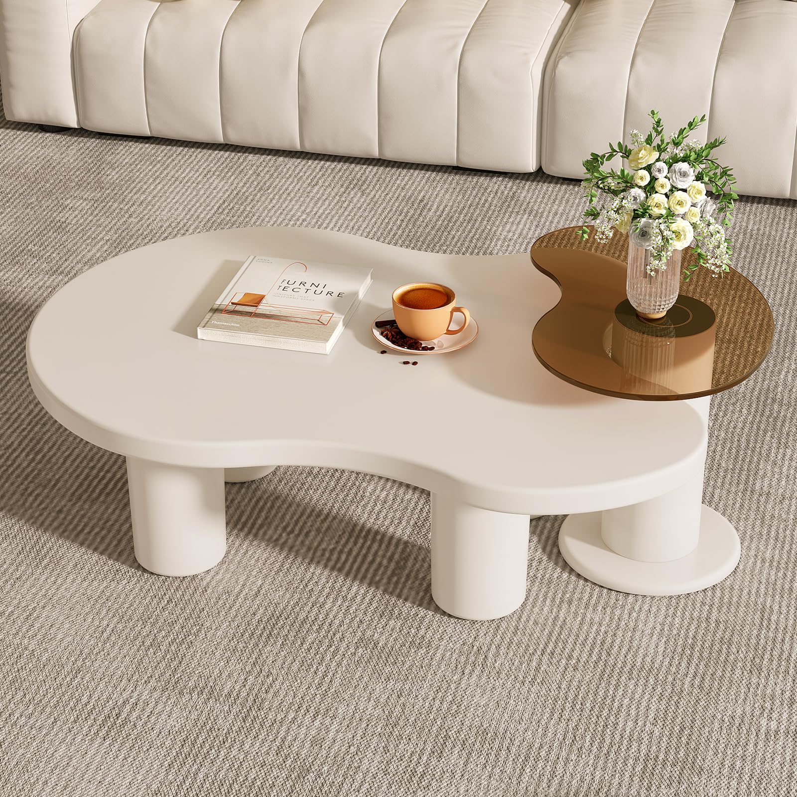 Modern Nesting Cloud Coffee Table Set of 2 - Cream White Living Room Tables with Round Side Table | Space-Saving 2-in-1 Design for Small Apartments & Cozy Home Decor | Easy Assembly Coffee Tables for Living Room, Bedroom or Office