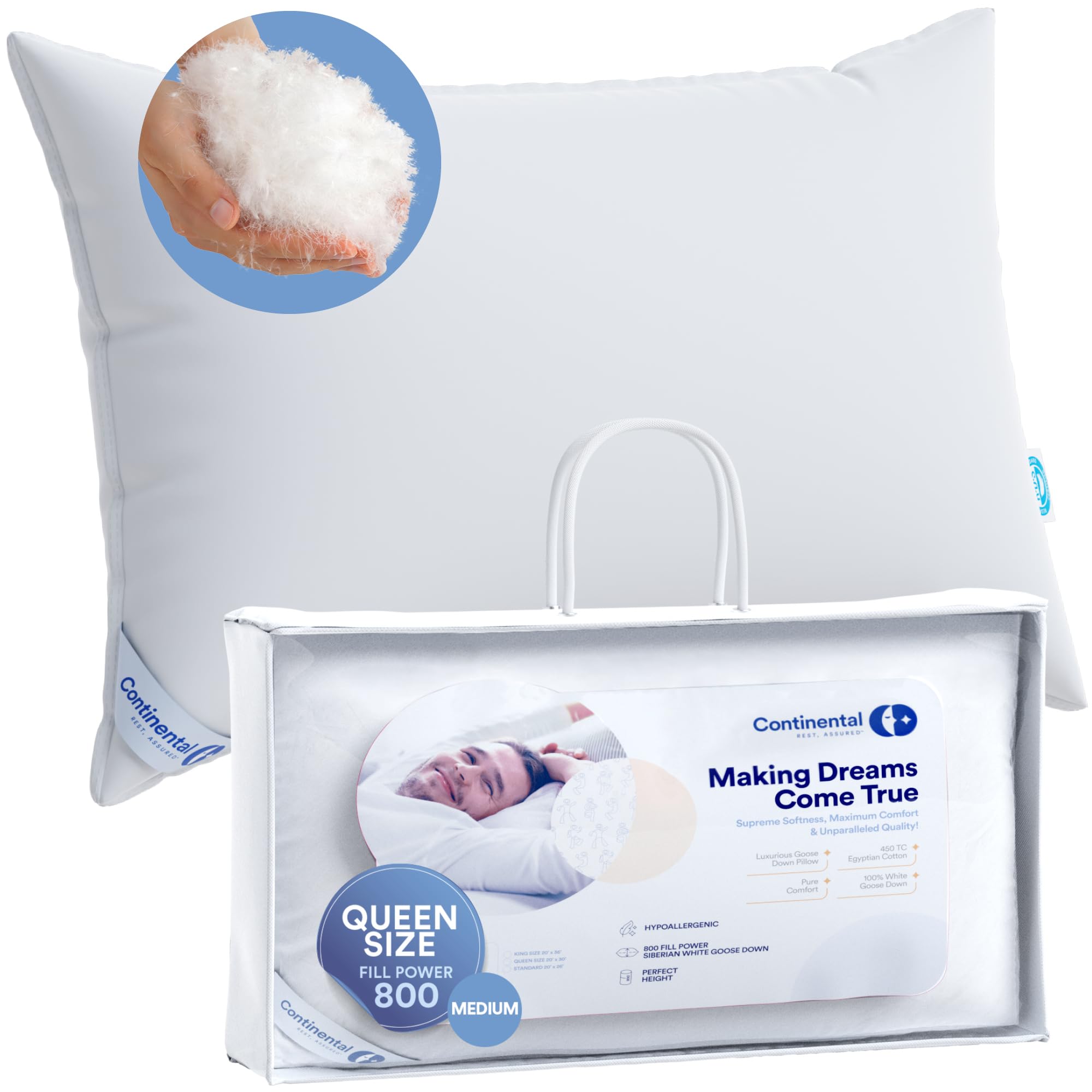 Premium 100% Siberian Goose Down Pillow - 800 Fill Power, Medium & Queen Size, White - Ultra Soft Luxury Bedding for Hotels, Guest Rooms & Home Comfort