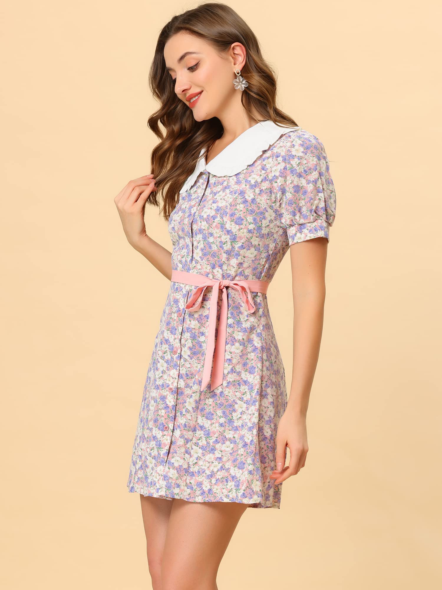 Allegra K Women's Floral Print Peter Pan Collar Dress with Bow Tie - Short Sleeve Button Down Shirt Dress for Spring Summer 2024 | Perfect for Office, Date Night & Garden Parties
