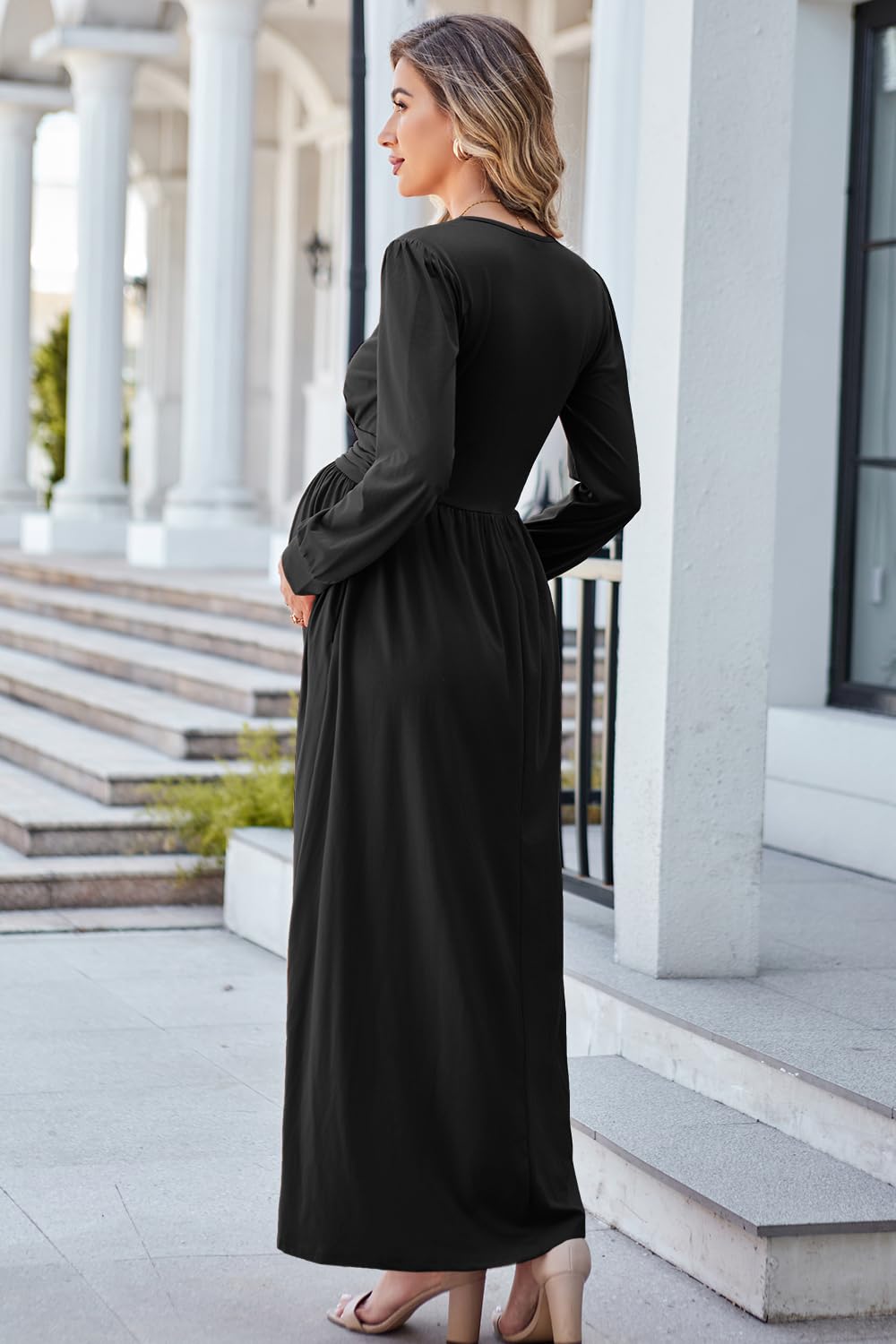 OUGES Maternity Maxi Dress - Long Sleeve Wrap V-Neck Pregnancy Dress for Baby Shower, Photoshoot & Fall Season | Comfortable Maternity Clothes for Special Occasions
