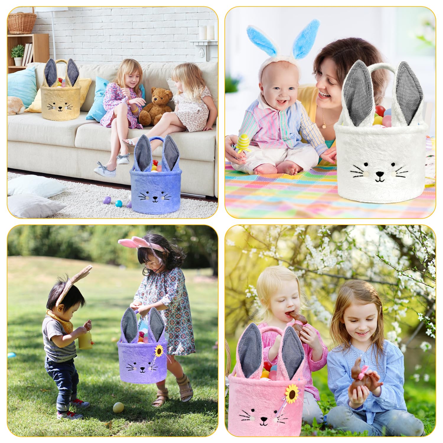 Faylapa 2Pcs Plush Easter Bunny Basket Bags with Plaid Long Ears - Personalized Easter Egg Baskets for Party Decor, Candy Gifts, Easter Egg Hunt & Spring Home Decor (Blue + Purple)