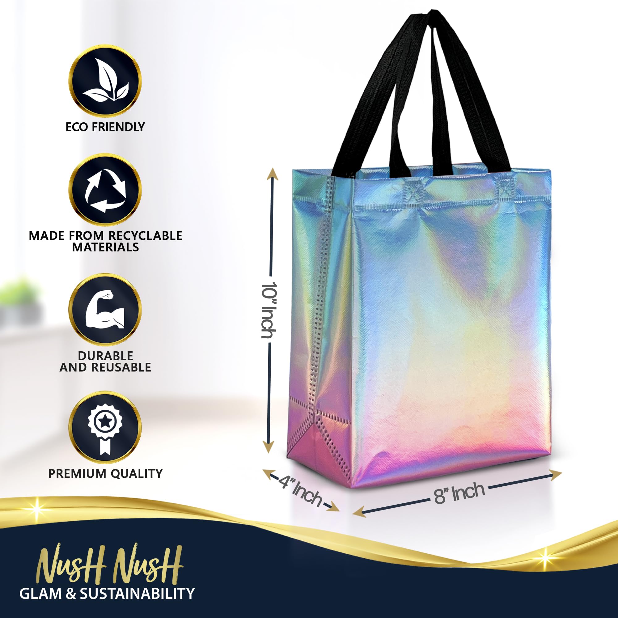 Nush Nush Gradient Reusable Gift Bags - Set of 12 Aqua to Pink Holographic Party Favor Bags (8x4x10 Inches) - Perfect for Birthday Parties, Baby Showers, Wedding Favors & Holiday Gift Wrapping