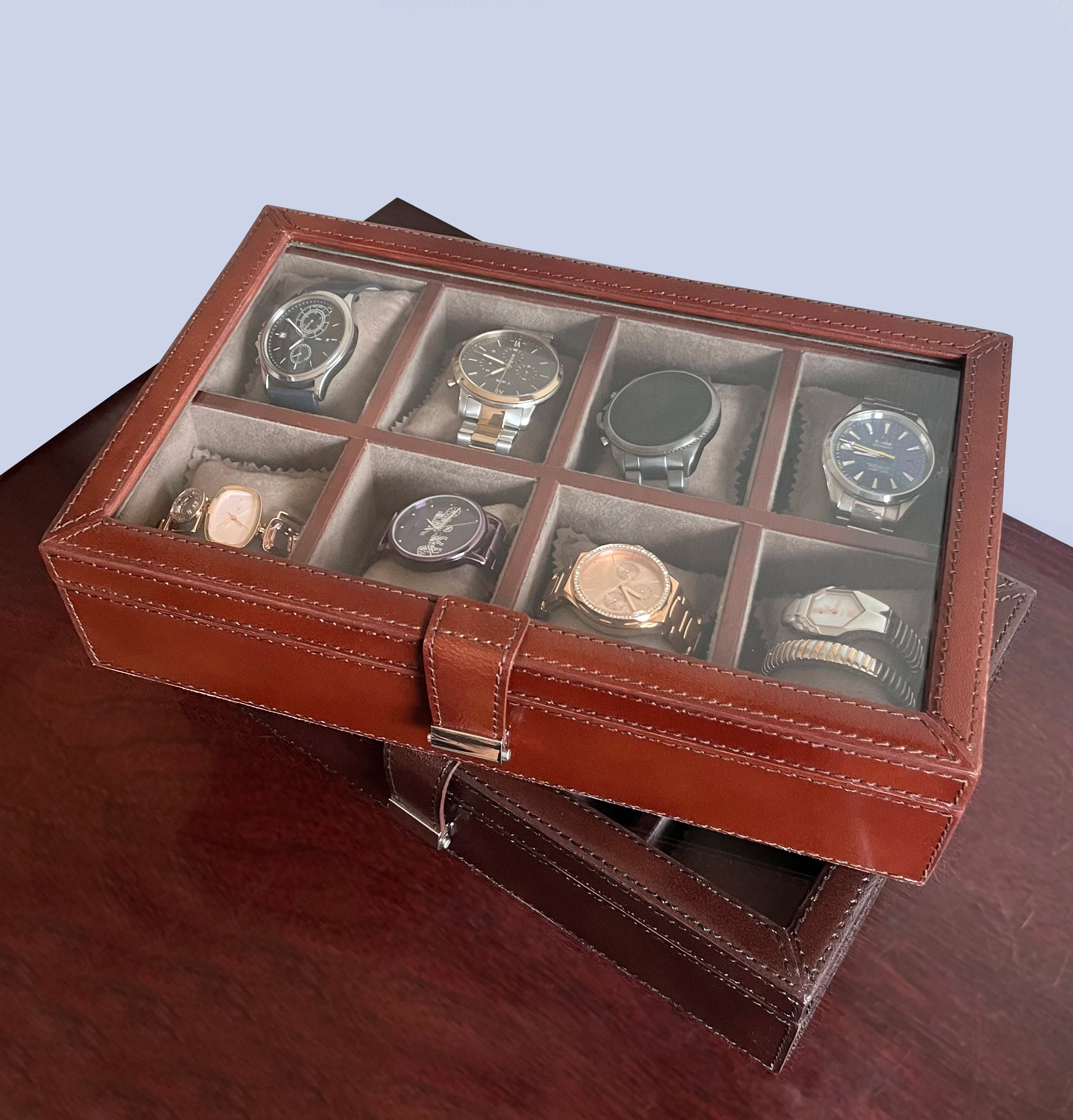 Premium 8-Slot Leather Watch Case for Men & Women - Genuine Brown Leather Watch Box Organizer - Perfect for Travel, Storage & Display of Luxury Watches