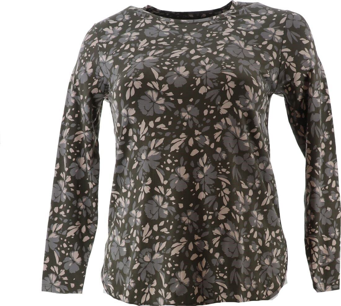 Long Sleeve Moisture Wicking SPF 50+ Tunic Top - Forest Moss Floral Print, Women's Sun Protection Shirt for Hiking, Yoga & Outdoor Activities