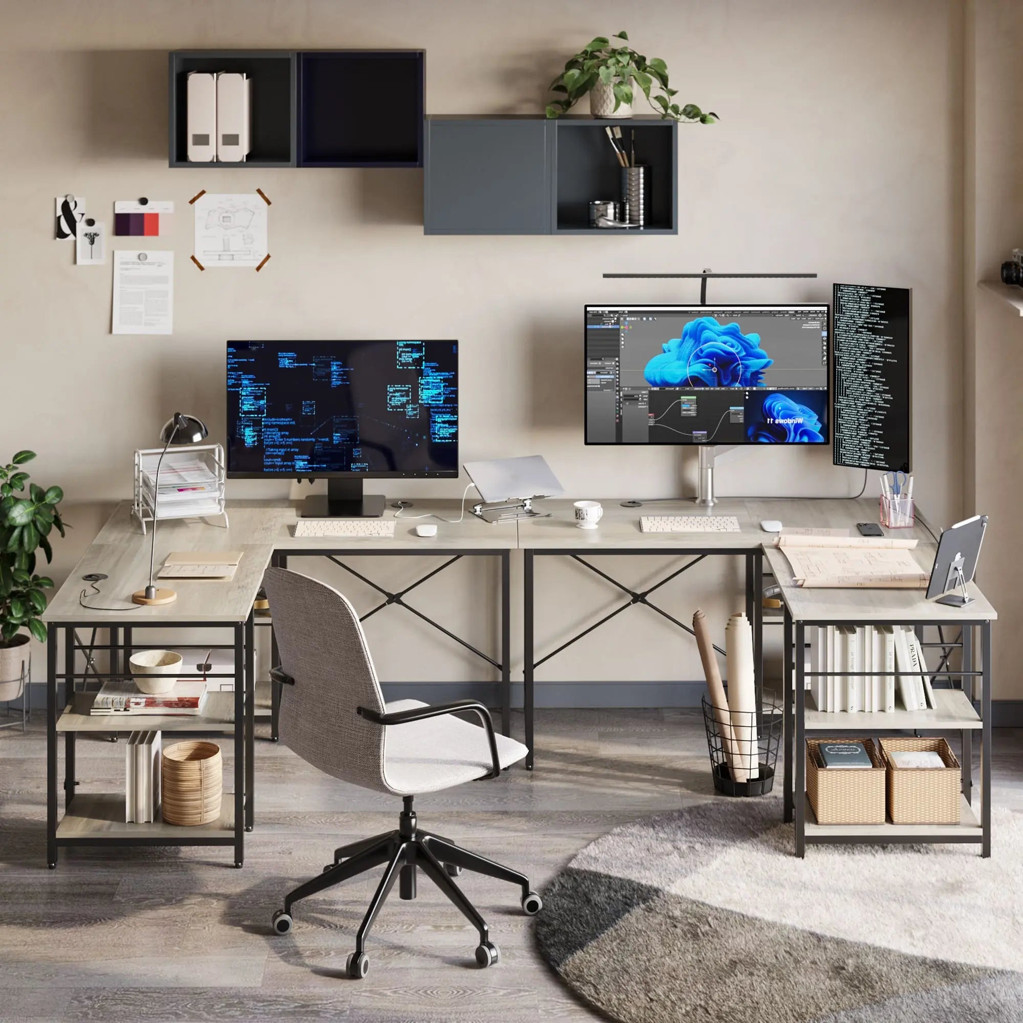 Bestier 86 Inch L-Shaped Computer Desk for Two - Home Office Gaming & Workstation with Large Workspace - Perfect for Couples, Roommates & Small Spaces