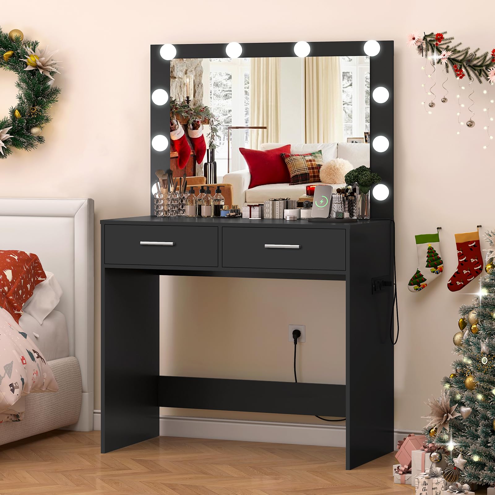 USIKEY Makeup Vanity Desk with Large LED Mirror - 10 Adjustable Lights, 2 Spacious Drawers & Built-in Power Outlet | Modern Dressing Table for Women & Girls | Perfect for Bedroom, Dorm Room or Beauty Salon (Black)