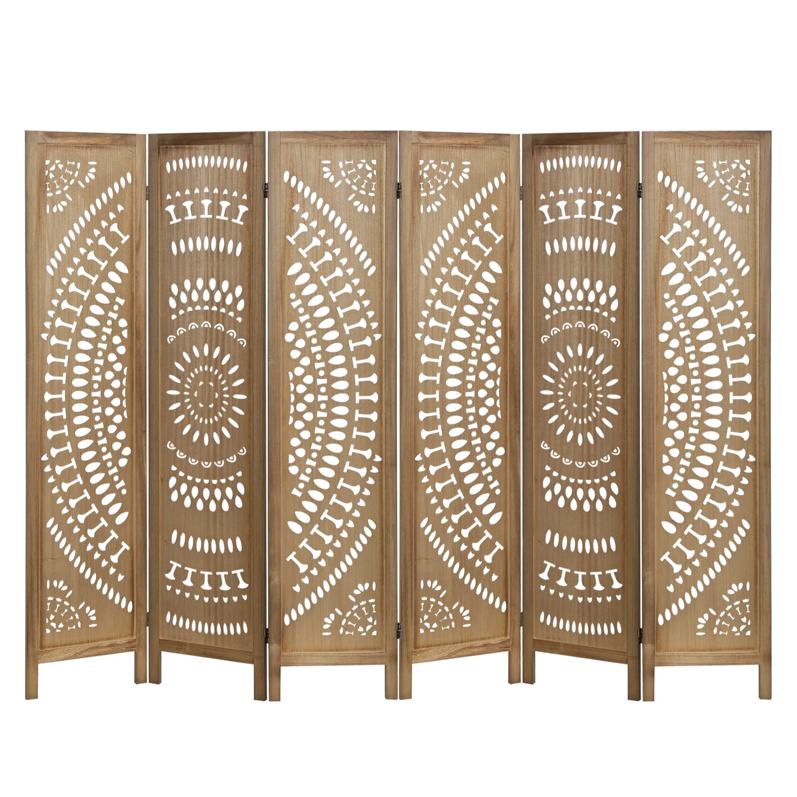 6 Panel Carved Wood Room Divider - 5.6 FT Tall Folding Privacy Screen & Freestanding Partition Wall for Home, Office, Bedroom - Brown | Perfect for Creating Private Spaces in Studios, Dorms, and Open Floor Plans