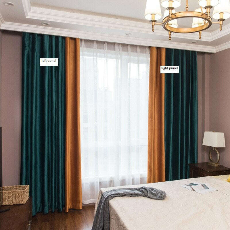 Luxury Dutch Velvet Spliced Curtains - Orange & Green Drapes for Living Room & Bedroom | Blackout Window Treatments for Home Decor