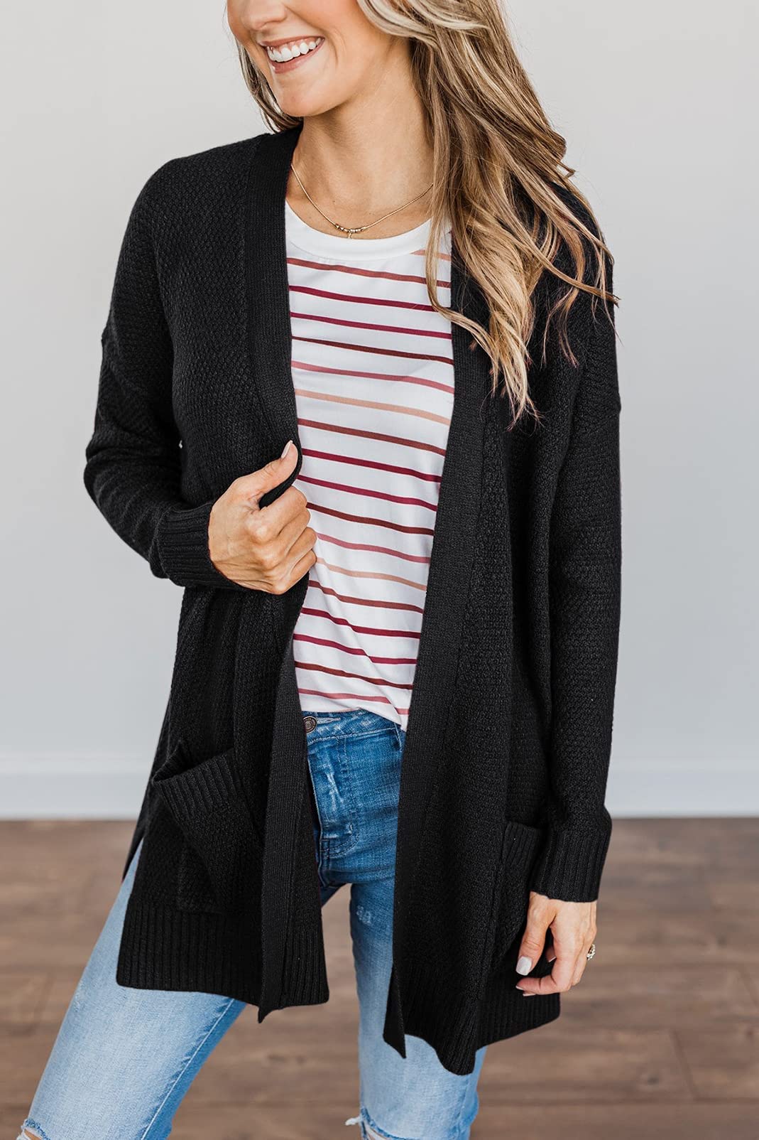 MEROKEETY Women's 2025 Long Sleeve Waffle Knit Cardigan - Open Front Cozy Sweater Coat with Pockets for Fall & Winter | Casual Outfits, Office Wear & Loungewear