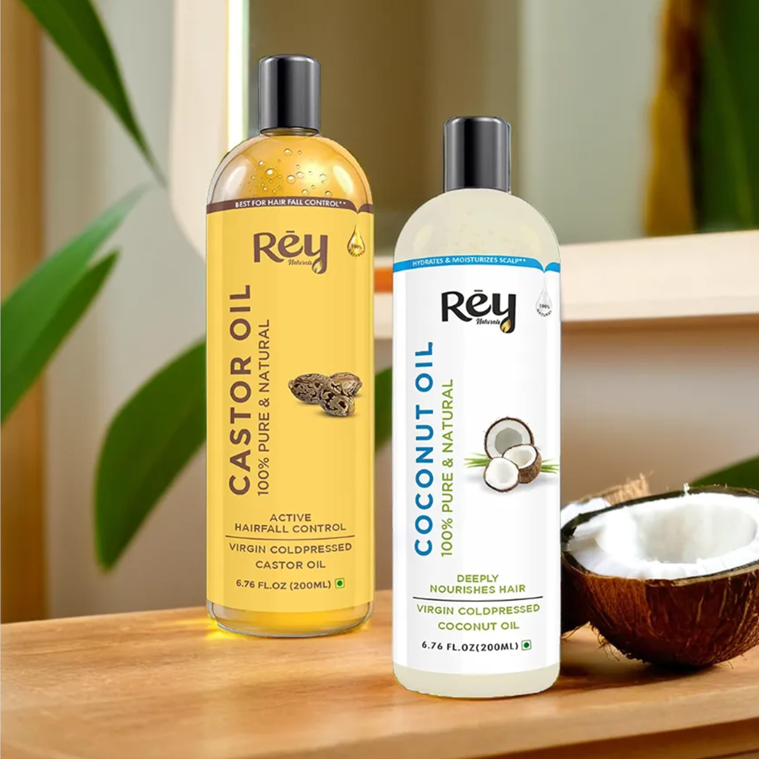 Rey Naturals Virgin Coconut Oil & Castor Oil for Hair Growth - 200ml*2 | Pure Unrefined Cold Pressed Oil for Hair & Skin Care | Controls Dandruff & Hair Fall | Natural Remedy for Stronger Hair & Healthy Scalp | Perfect for Daily Hair Massage & DIY Beauty Treatments