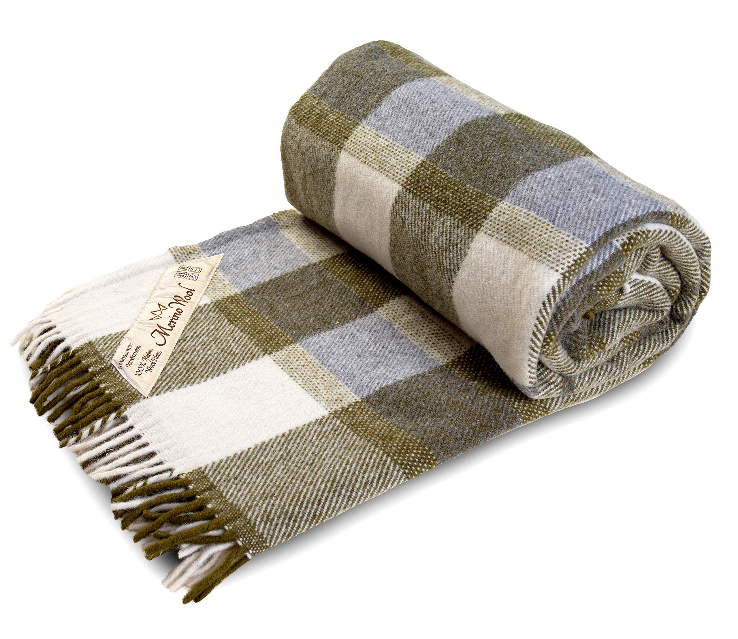 Premium Merino Wool Blanket - 160x200cm Soft Warm Throw for Bed, Sofa & Picnic - Army Grey Cozy Blanket for Home, Camping & Outdoor Adventures