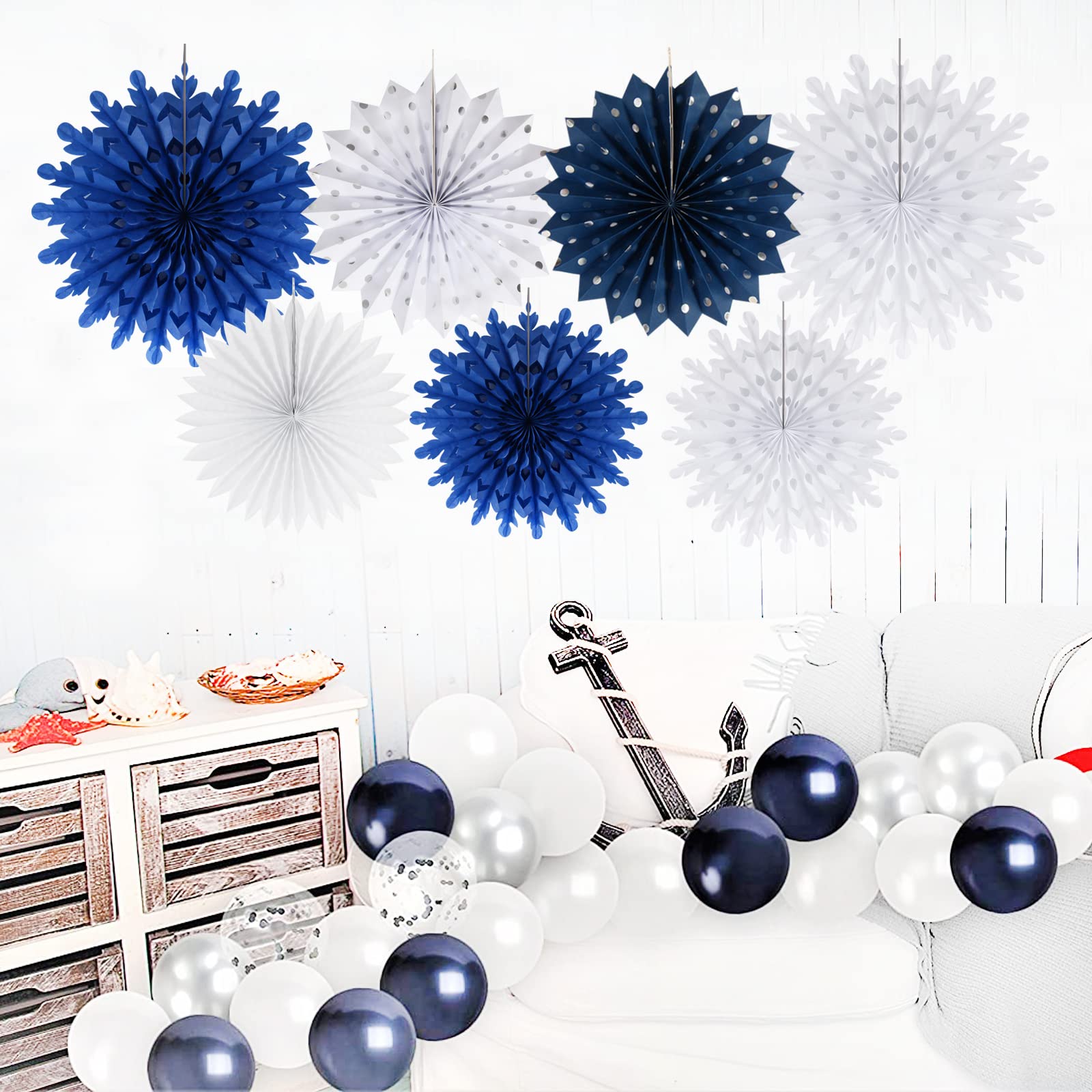 Navy Blue & White Silver Party Decorations - 7pcs Honeycomb Paper Fans for Graduation 2025, Wedding, Baby Shower, Bridal Shower, Birthday Backdrop Decor - Perfect for Hanging Decorations and Party Themes
