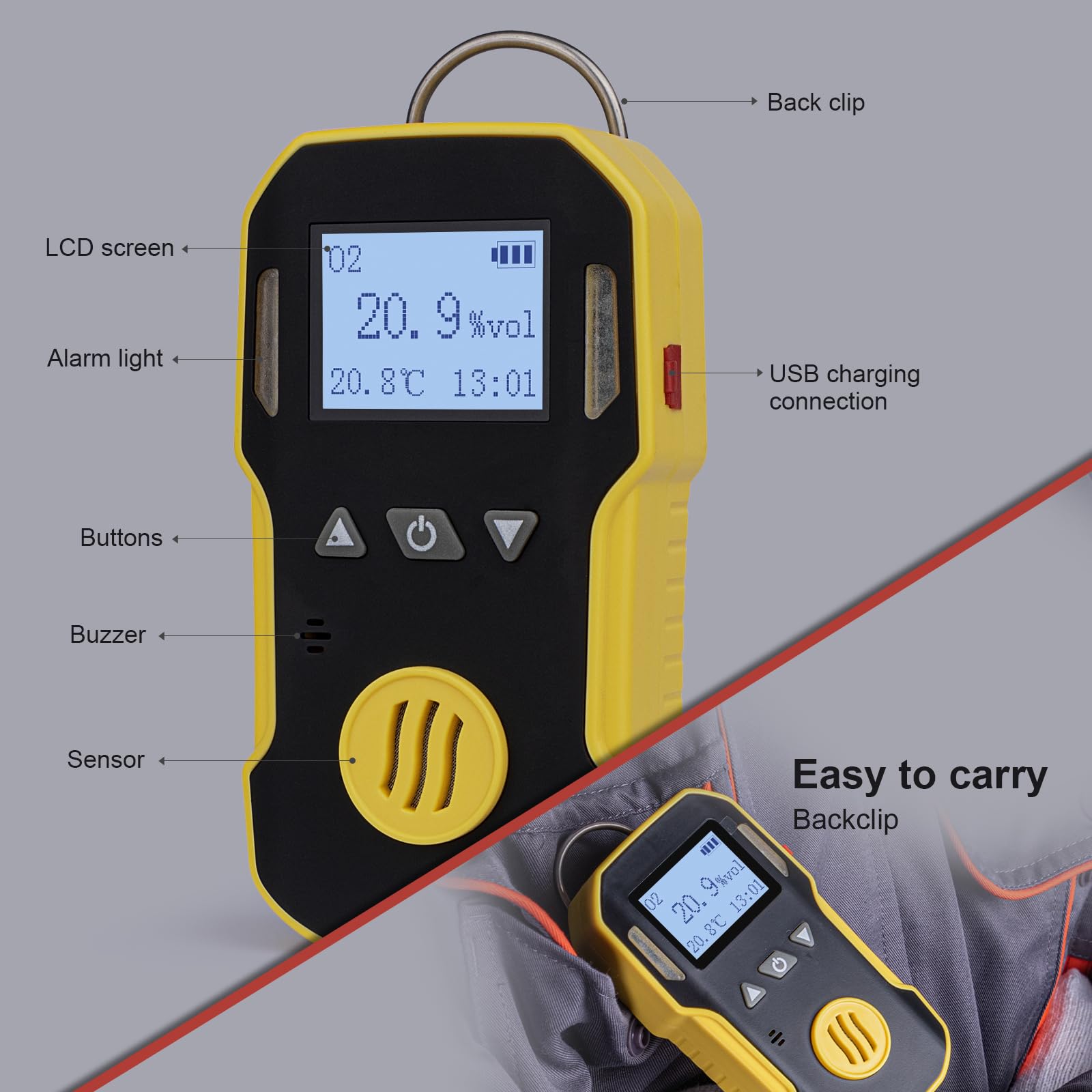 BOSEAN Portable Oxygen Gas Detector - O2 Gas Monitor with Audio, Visual & Vibration Alarms - Rechargeable Gas Tester with Temperature Sensor, LED Backlight & Clip - Perfect for Industrial Safety, Mining, Confined Spaces & Home Use