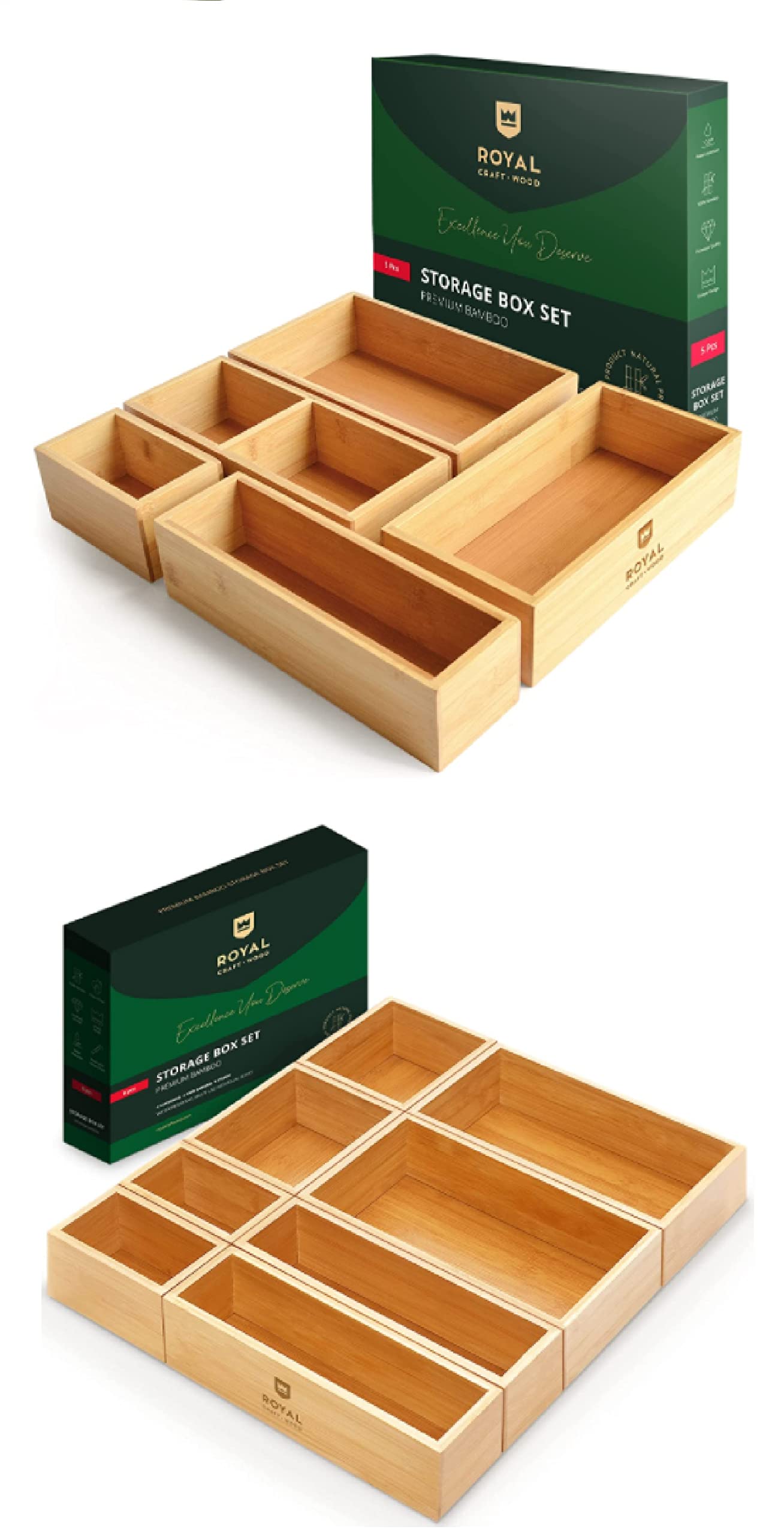 Royal Craft Wood Bamboo Storage Box Set - 5 Piece & 8 Piece Organizer for Home, Office, Jewelry | Eco-Friendly Home Decor & Gift Idea
