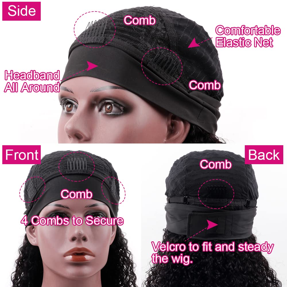 Glueless Curly Headband Wig - 18 Inch Human Hair Headband Wigs for Black Women | Curly Wave No Lace Front Wig with Attached Headband | Machine Made Half Wig in Natural Color | Perfect for Daily Wear, Parties & Protective Styling