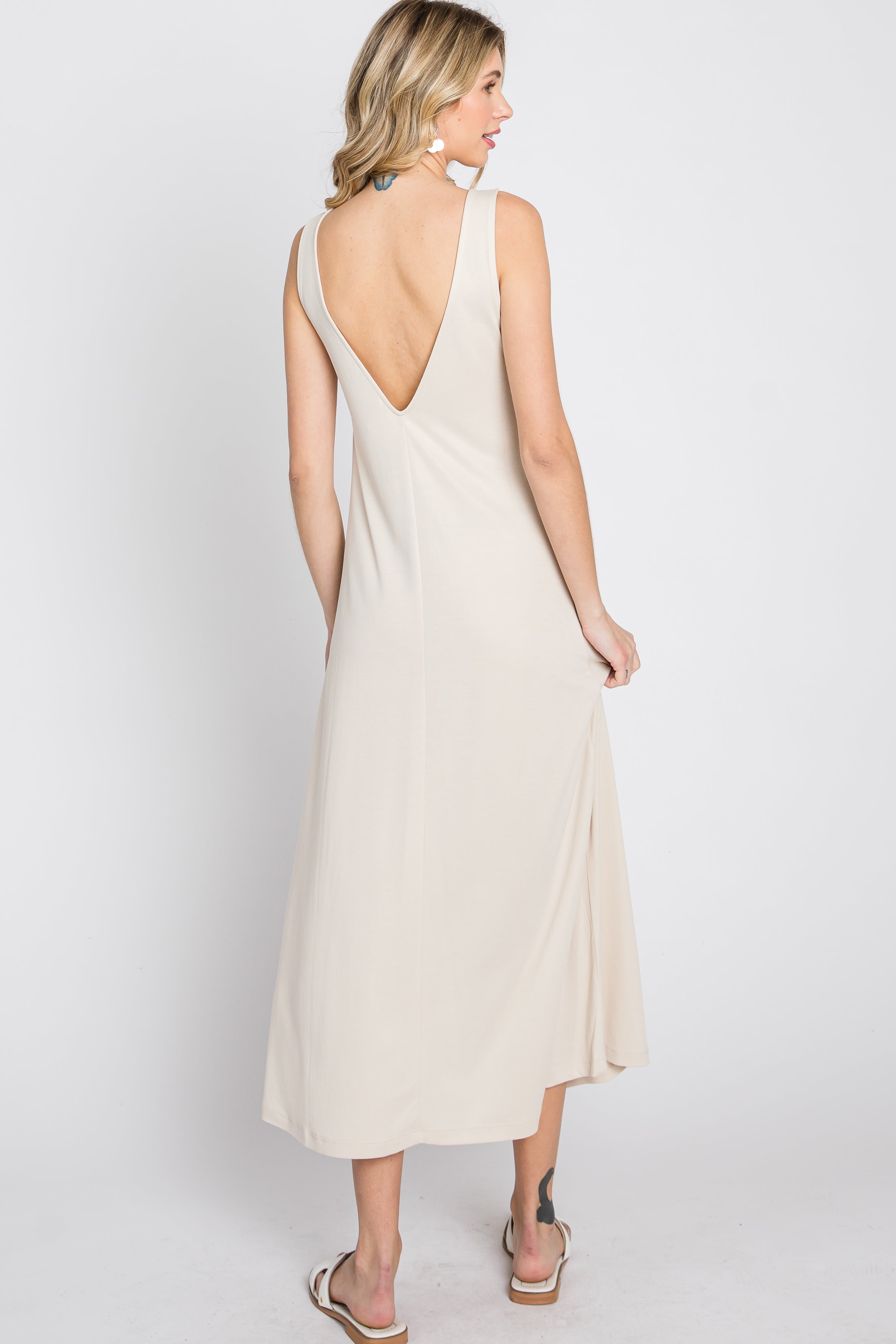 Beige Low V Back Sleeveless Midi Dress for Women - Elegant Summer Casual & Wedding Guest Outfit - Perfect for Beach Vacations, Date Nights & Special Occasions