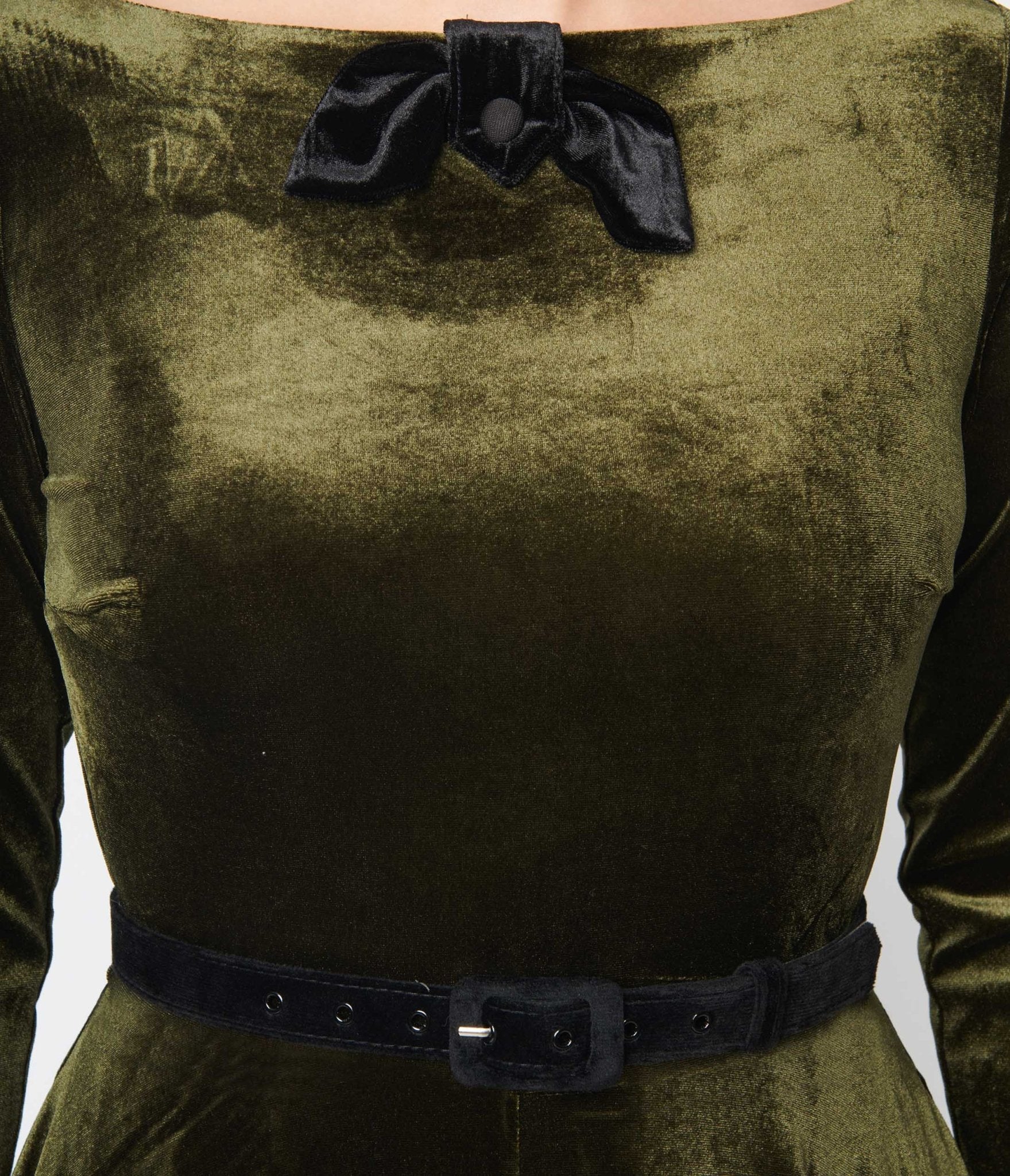 Vintage Deep Olive Green Velvet Swing Dress with Faux Bow - Elegant Retro Party Dress for Holiday Gatherings, Cocktail Events & Special Occasions