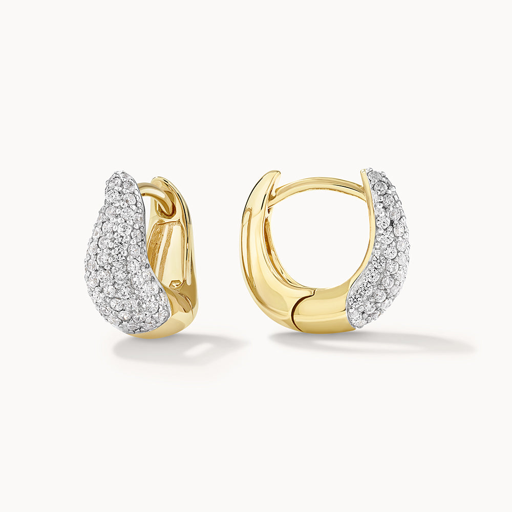 14K Gold Mini White Topaz Pave Wave Dome Huggie Earrings for Women - Elegant Everyday Wear & Special Occasions