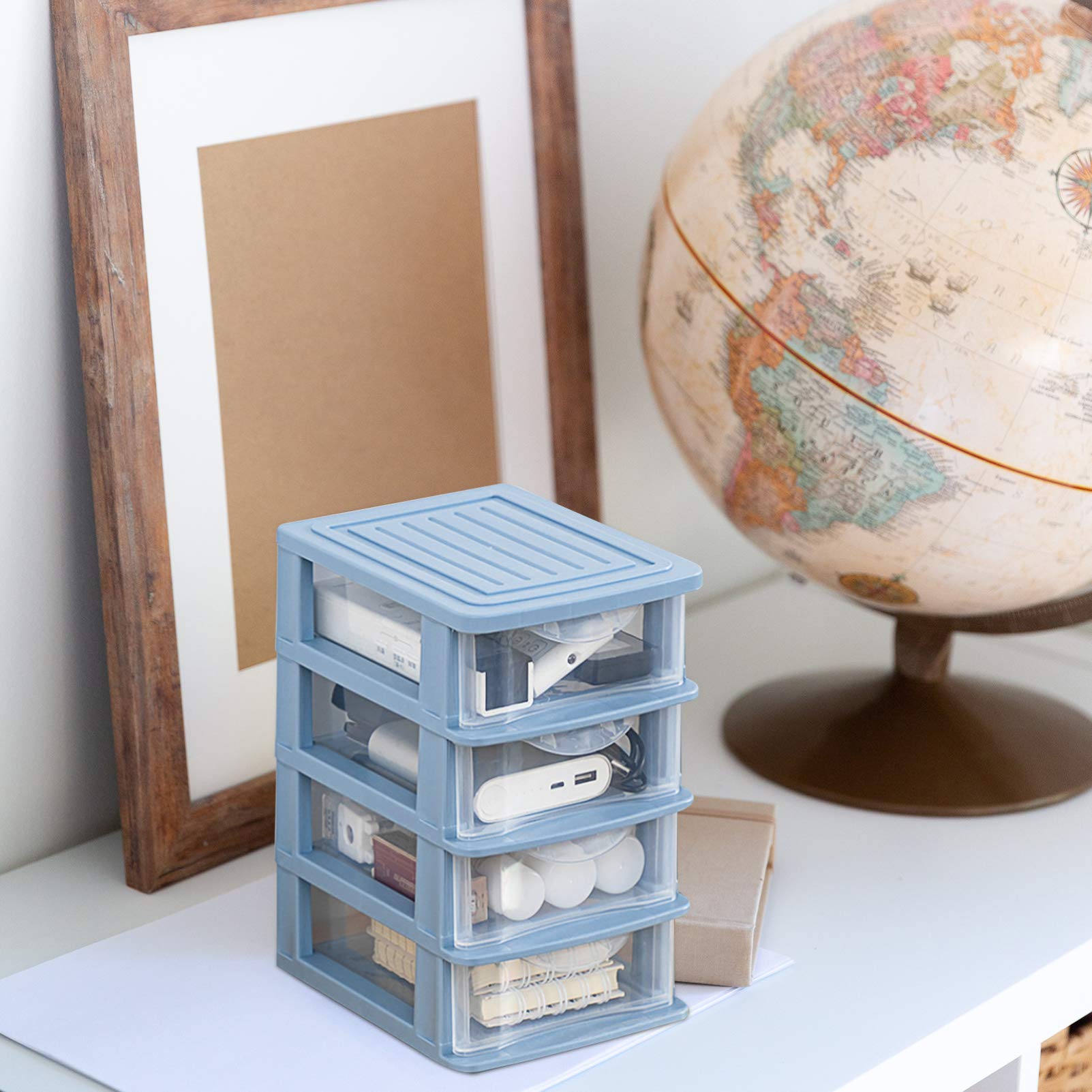 DOITOOL 4-Drawer Plastic Storage Organizer Cube - Desktop Organizer for Office Supplies & Makeup Accessories - Blue - Perfect for Home Office, Bedroom, Bathroom & Dorm Room Organization