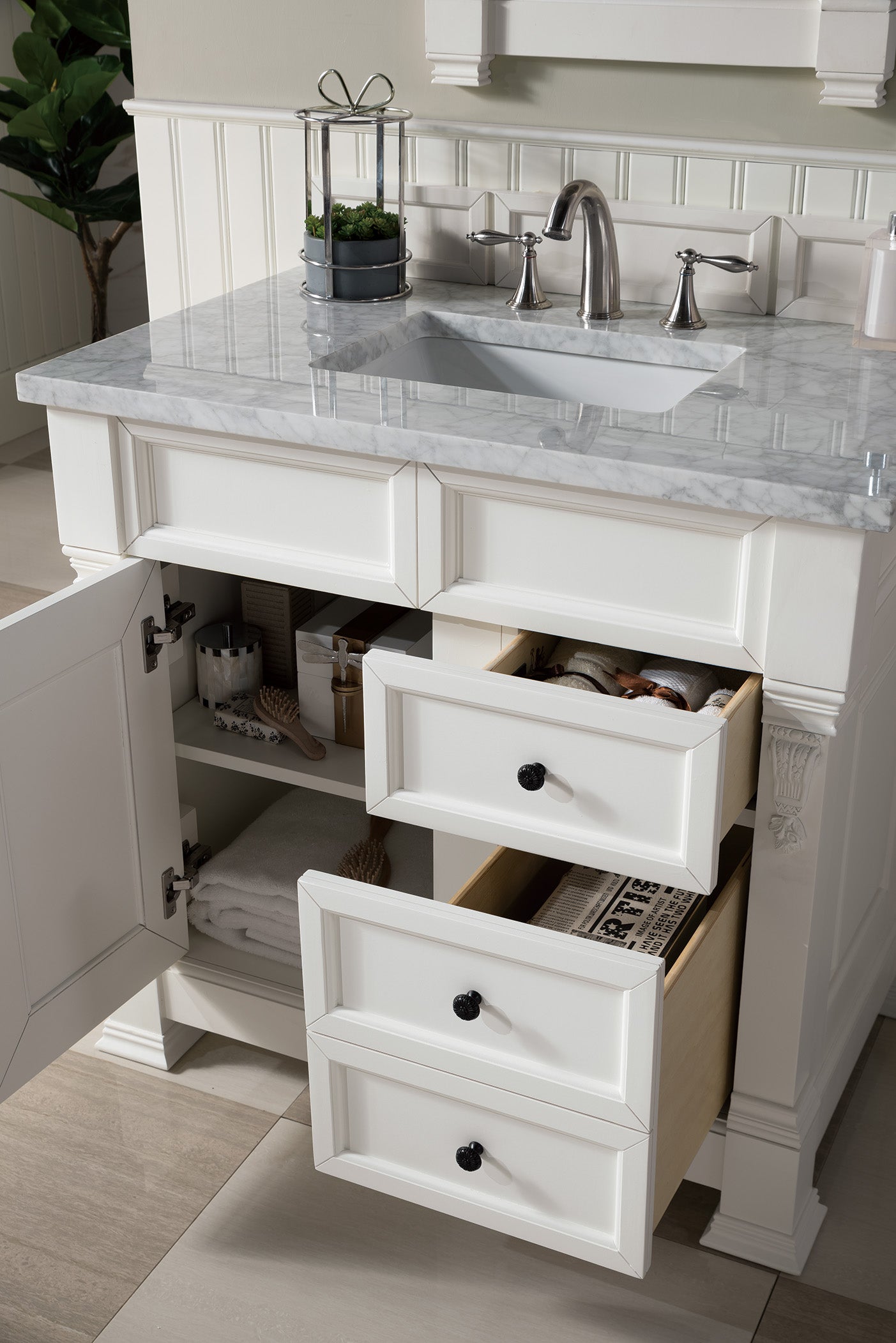 Brookfield 36 Inch Single Bathroom Vanity Set with Bright White Finish & 3CM Carrara Marble Countertop - Perfect for Modern Master Bathrooms and Guest Baths