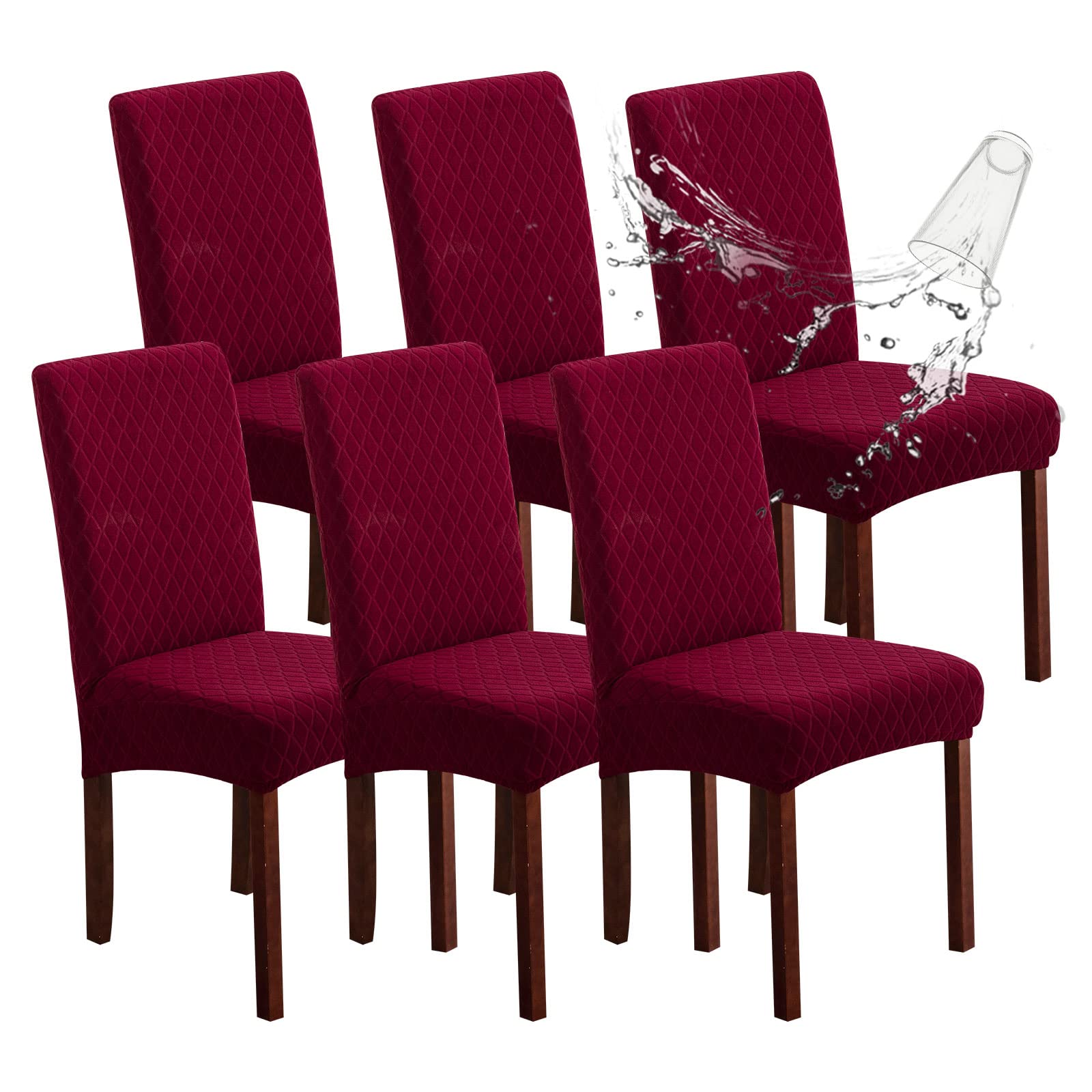 Waterproof Stretch Jacquard Dining Chair Covers - 6 Pack Removable Washable Slipcovers for Kitchen, Restaurant, Hotel (Argyle-Wine Red) | Spill Protection & Home Decor Upgrade