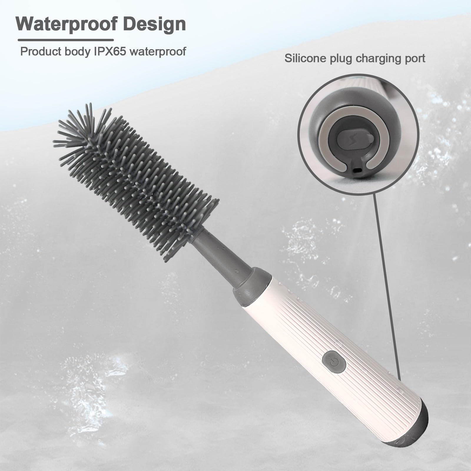 Electric Bottle Brush Set - 3 Replaceable Silicone Baby Bottle Brushes with Extension Handle | Waterproof & Durable | Perfect for Baby Bottles, Sippy Cups & Water Bottles | Essential Cleaning Tool for Nurseries & Kitchens (Grey)