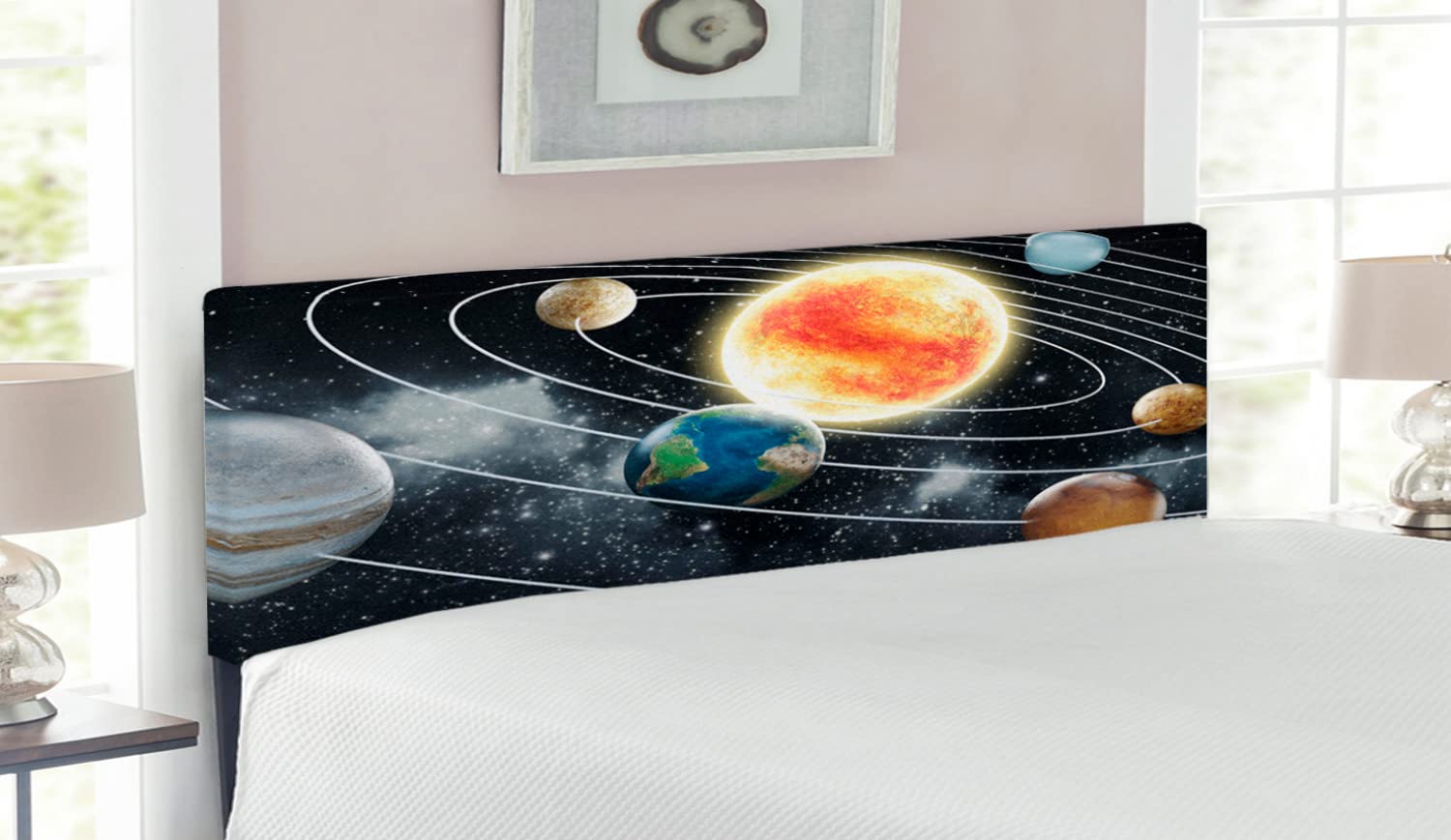 Ambesonne Outer Space Headboard - Solar System Design with 8 Planets, Sun, Earth, Mars & Uranus | Upholstered Metal Bed Headboard with Memory Foam | Queen Size in Black & Orange | Perfect for Space-Themed Bedrooms & Kids' Rooms