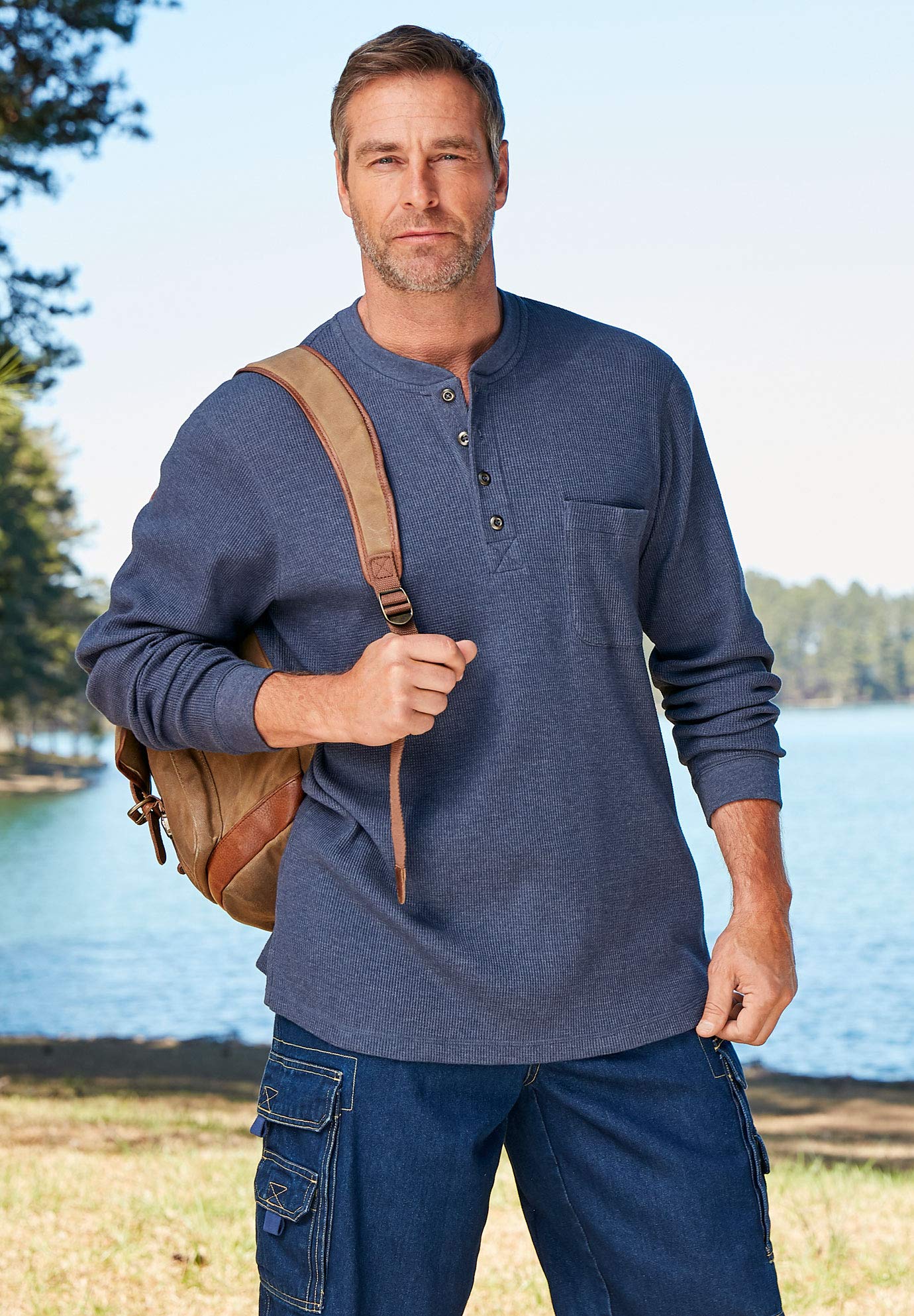 Kingsize Men's Big & Tall Thermal Pocket Henley Shirt - Long Sleeve Warm Fleece Lined Top for Cold Weather - Perfect for Winter Hiking, Camping & Outdoor Activities