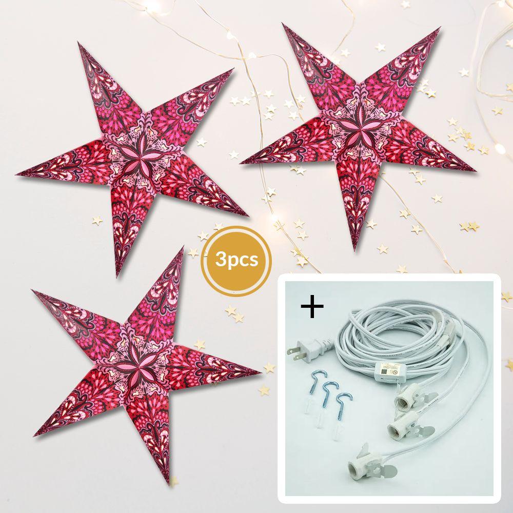 3 Pack Multicolor 24 Inch LED Illuminated Paper Star Lanterns with Bulbs & Cord - Perfect for Indoor/Outdoor Party, Wedding, Festival, and Home Decor Lighting