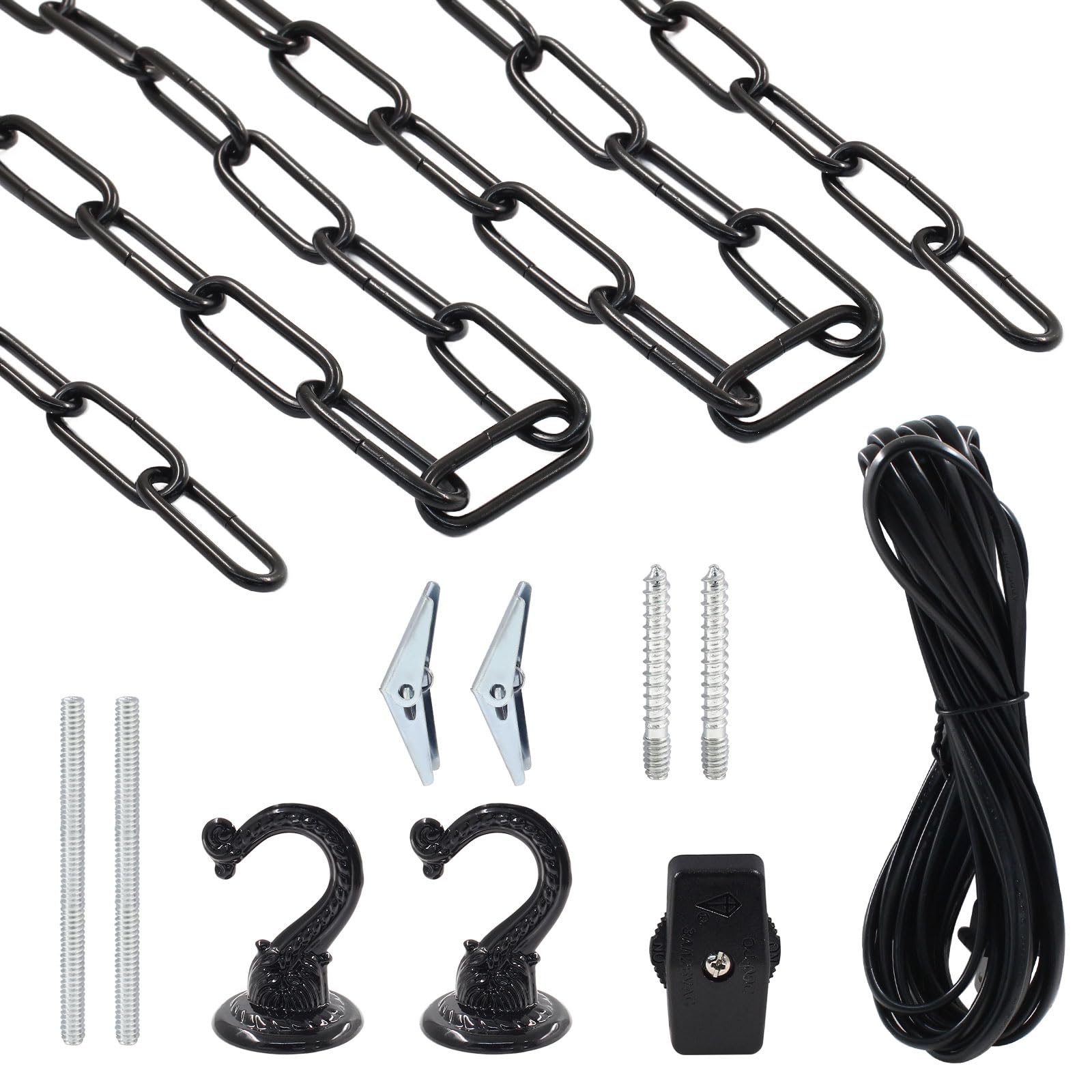 Swag Light Kit with 15 Ft Chandelier Chain & Cord - Includes Switch & 2 Hooks - Black Hanging Lamp Kit for Pendant, Ceiling & Fan Lights - Perfect for Bedroom, Living Room & Dining Room Lighting