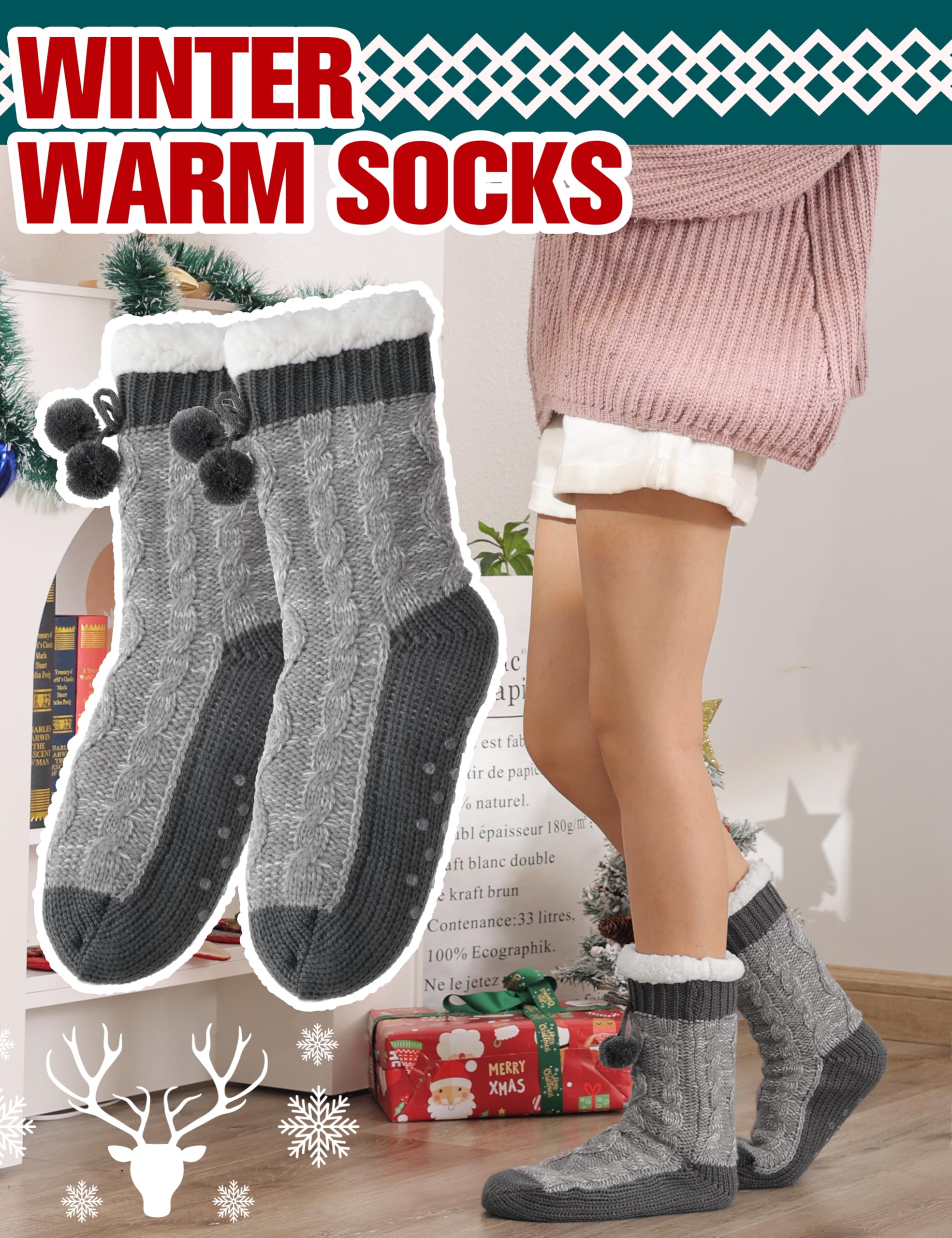 Women's Fuzzy Non-Slip Winter Slipper Socks - Warm Fleece for Home & Travel