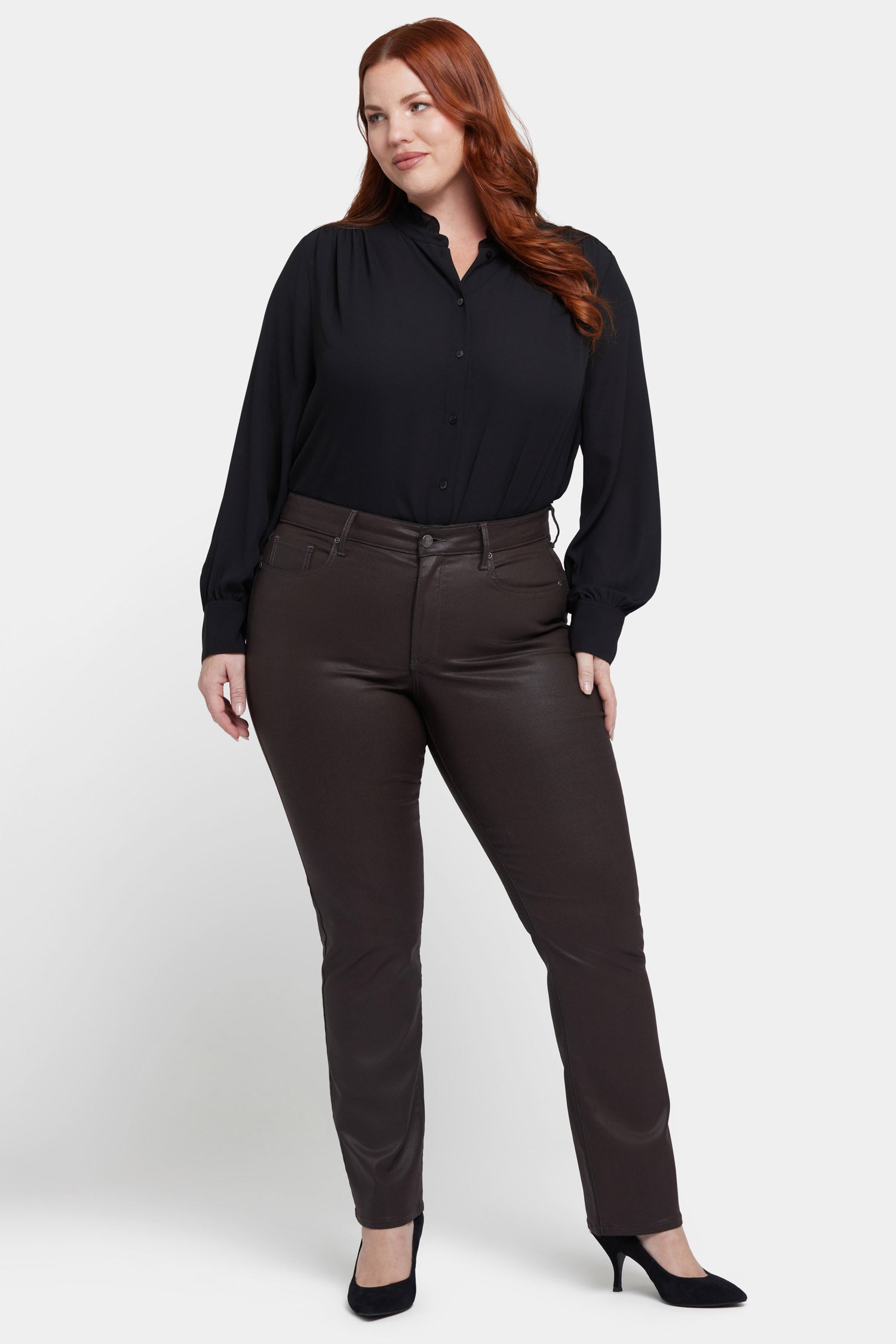 Plus Size Coated Marilyn Straight Jeans in Coffee Bean - High Waist Stretch Denim Pants for Women | Perfect for Casual Wear, Office & Date Night Outfits
