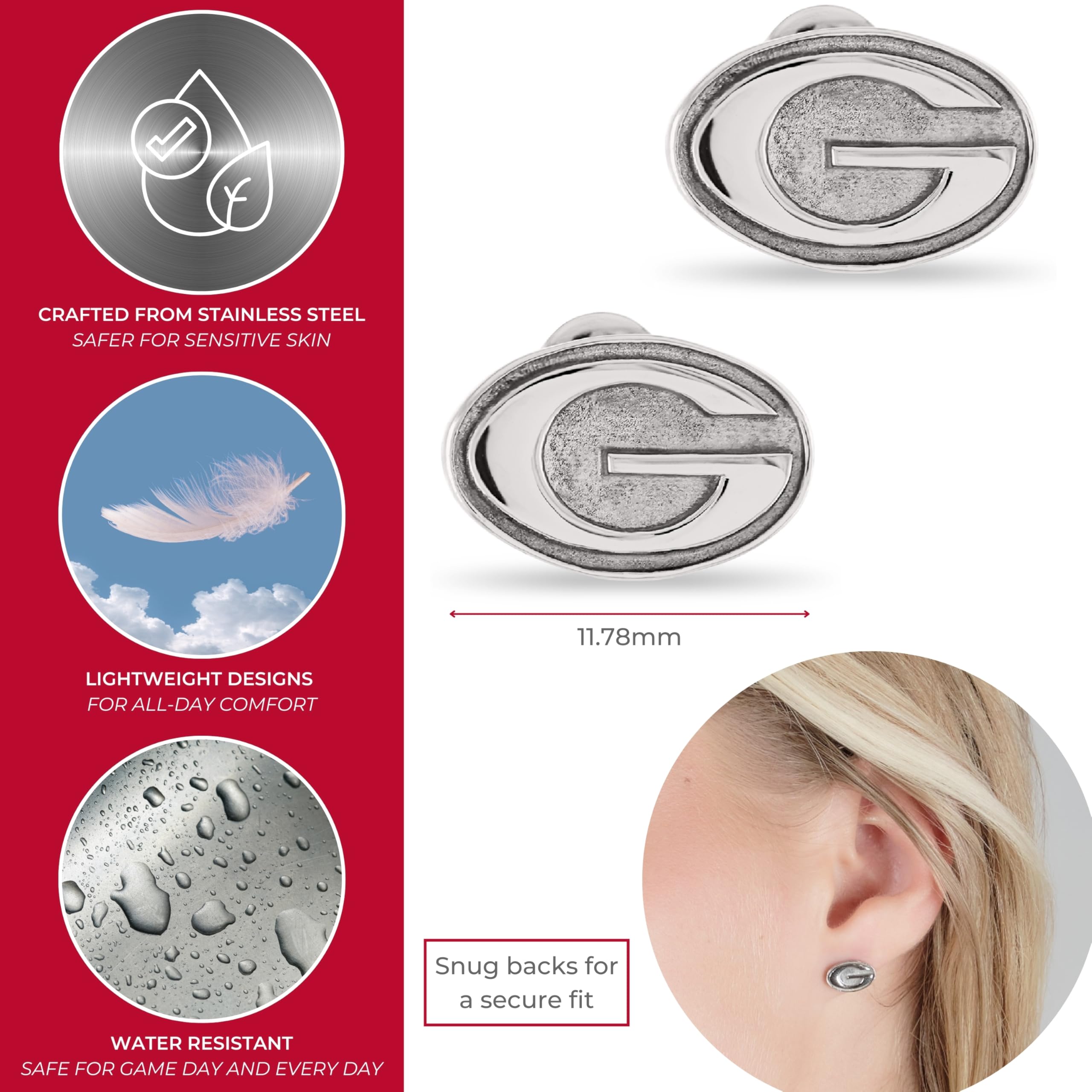 Stone Armory UGA Stud Earrings - Georgia Bulldogs Hypoallergenic Jewelry for Women with Sensitive Ears - Perfect for Game Day, School Spirit & Bulldog Fan Gifts