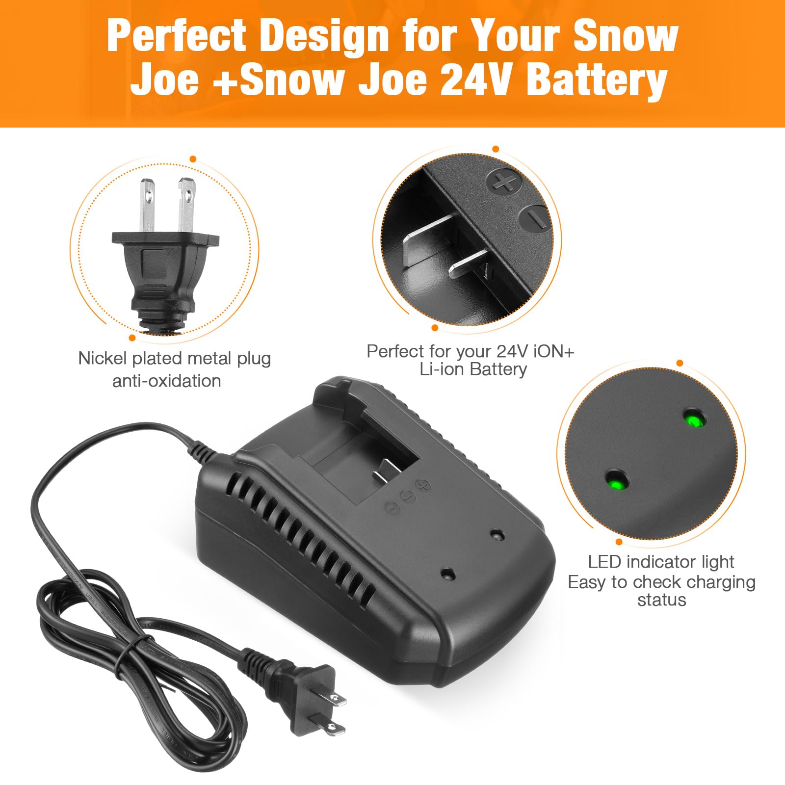 24V Fast Charger for Sun Joe & Snow Joe 24V Lithium-Ion Batteries - Compatible with iBAT24 Series & 24VCHRG-QC Quick Charge Dock | Perfect for Lawn Mowers, Snow Blowers & Outdoor Power Tools